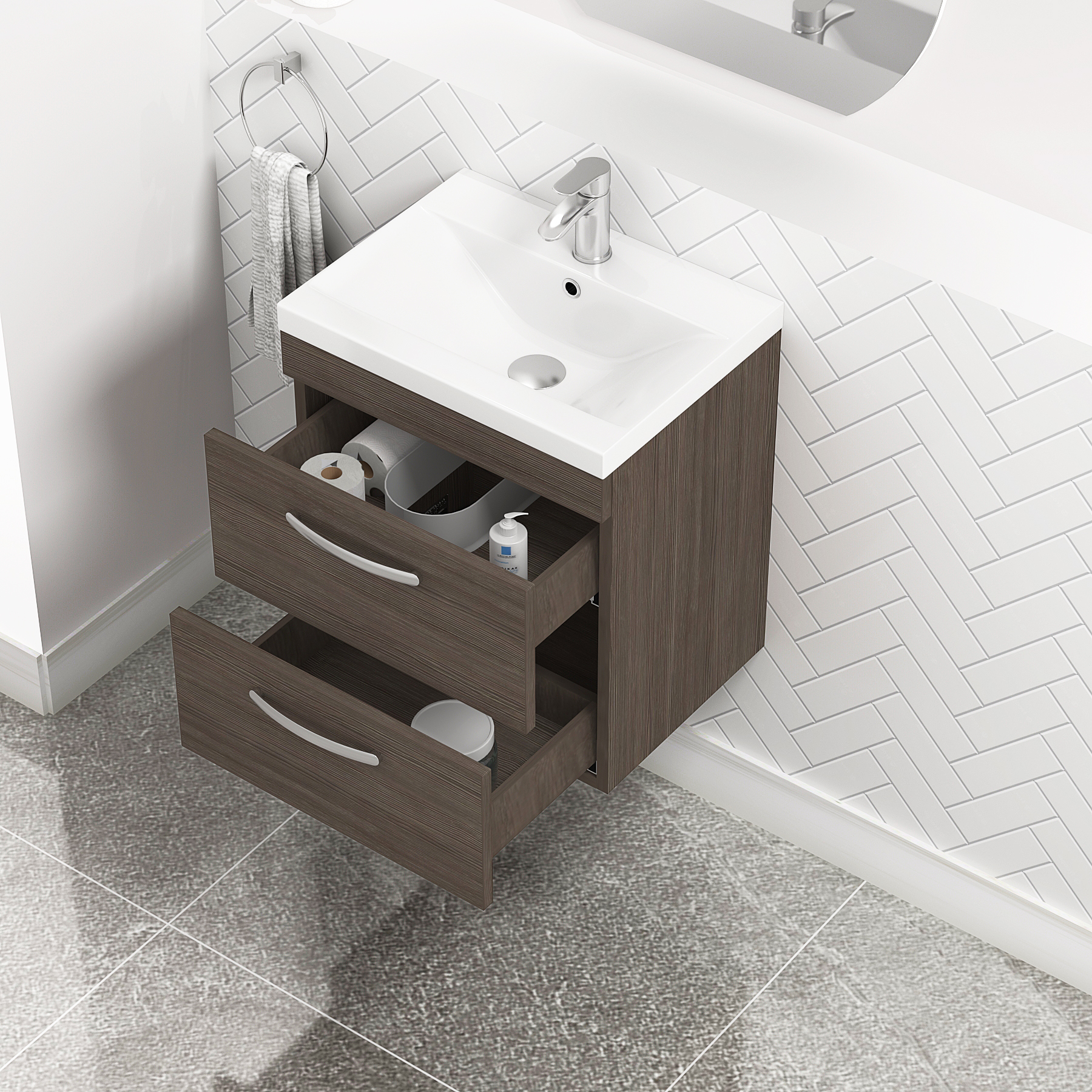 Turin 500mm Wall Hung Vanity Unit Grey Elm 2 Drawer - Mid-Edge Sink Unit