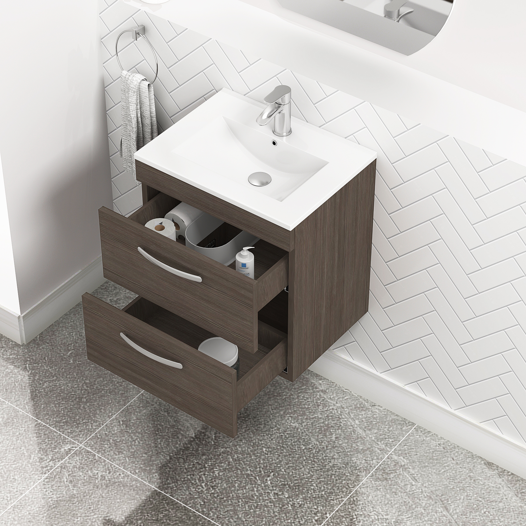 Turin 500mm Wall Hung Vanity Unit Grey Elm 2 Drawer - Minimalist Sink Unit