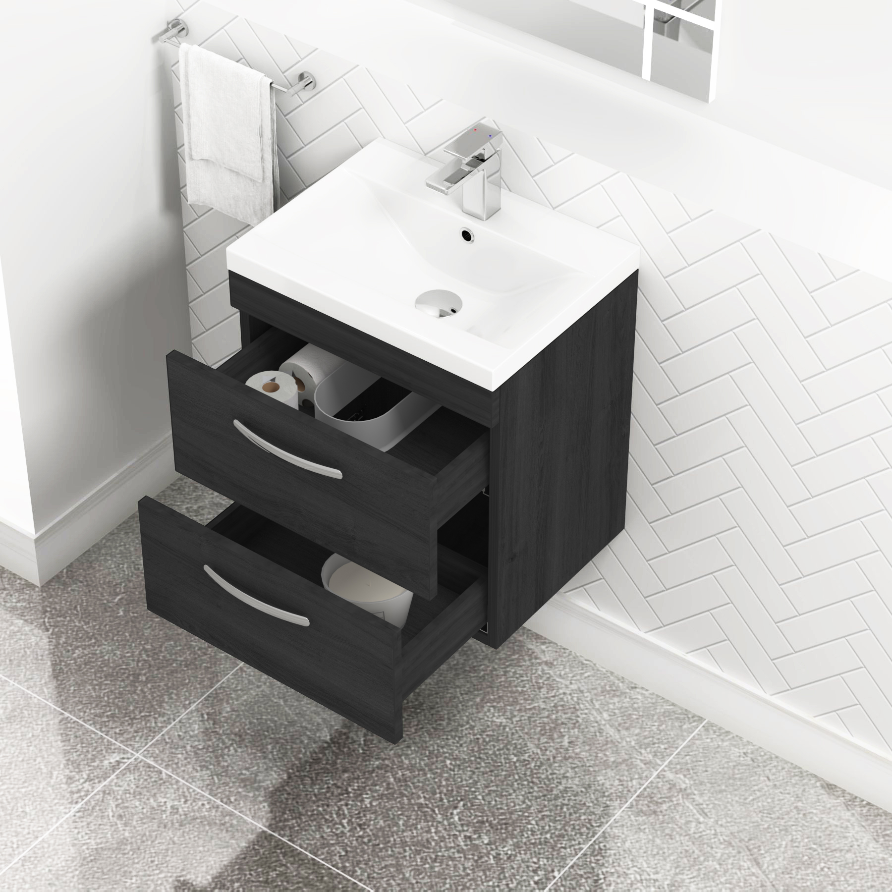  500mm Hale Black Wall Hung 2 Drawer Vanity Unit and Optional Basin - Mid Edge / Minimalist