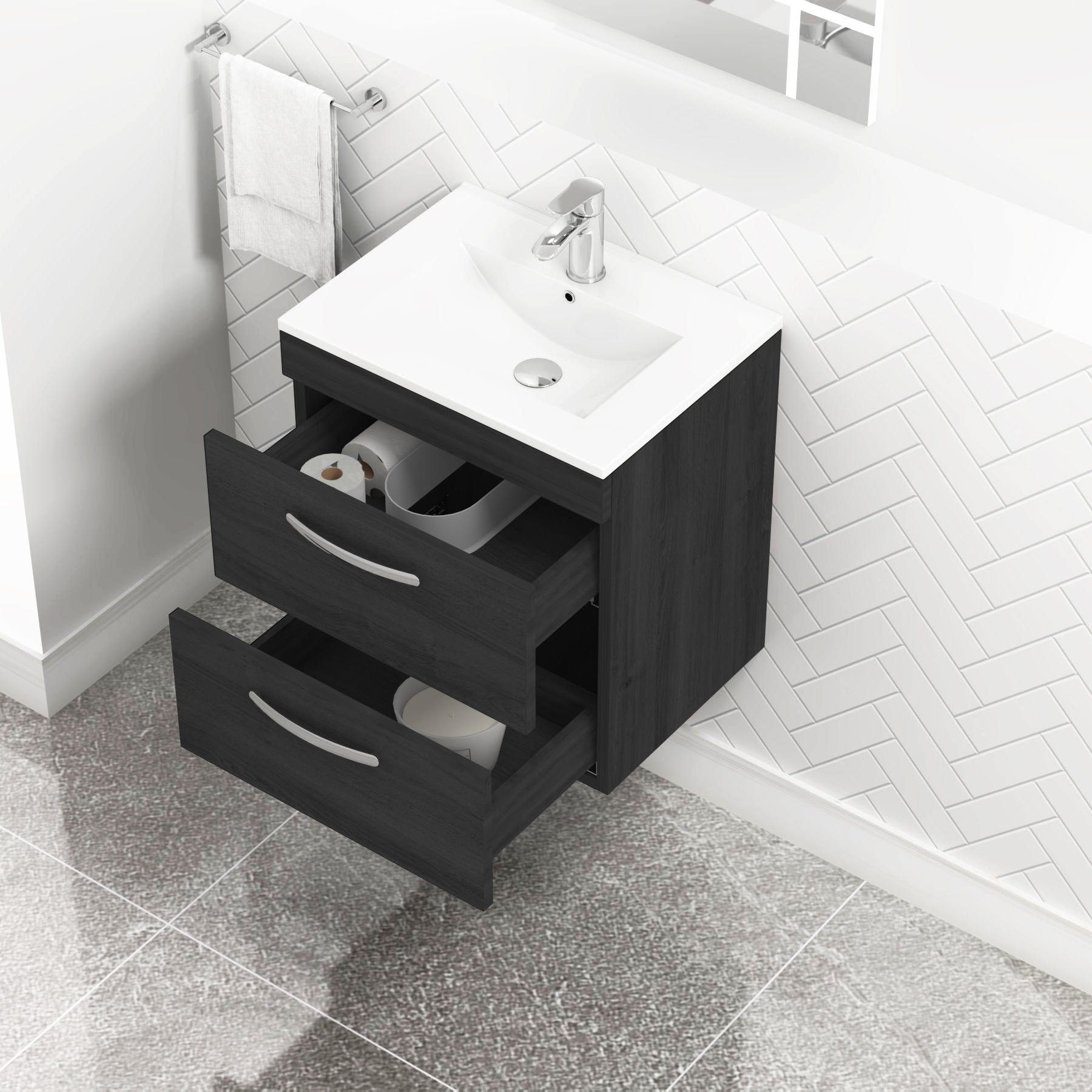 Turin 500mm Wall Hung Vanity Unit Hale Black 2 Drawer - Minimalist Sink Unit
