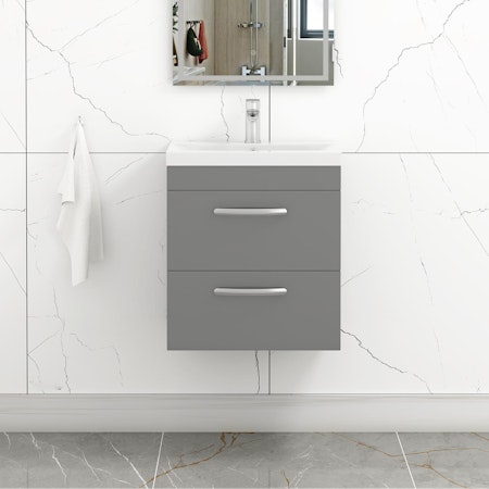 Turin 500mm Wall Hung Vanity Unit Indigo Grey Gloss 2 Drawer - Mid-Edge Sink Unit