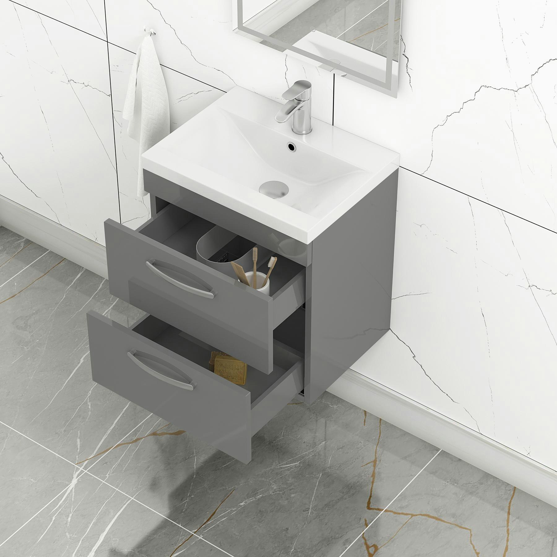 500mm Indigo Grey Gloss Wall Hung 2 Drawer Vanity Unit and Optional ...