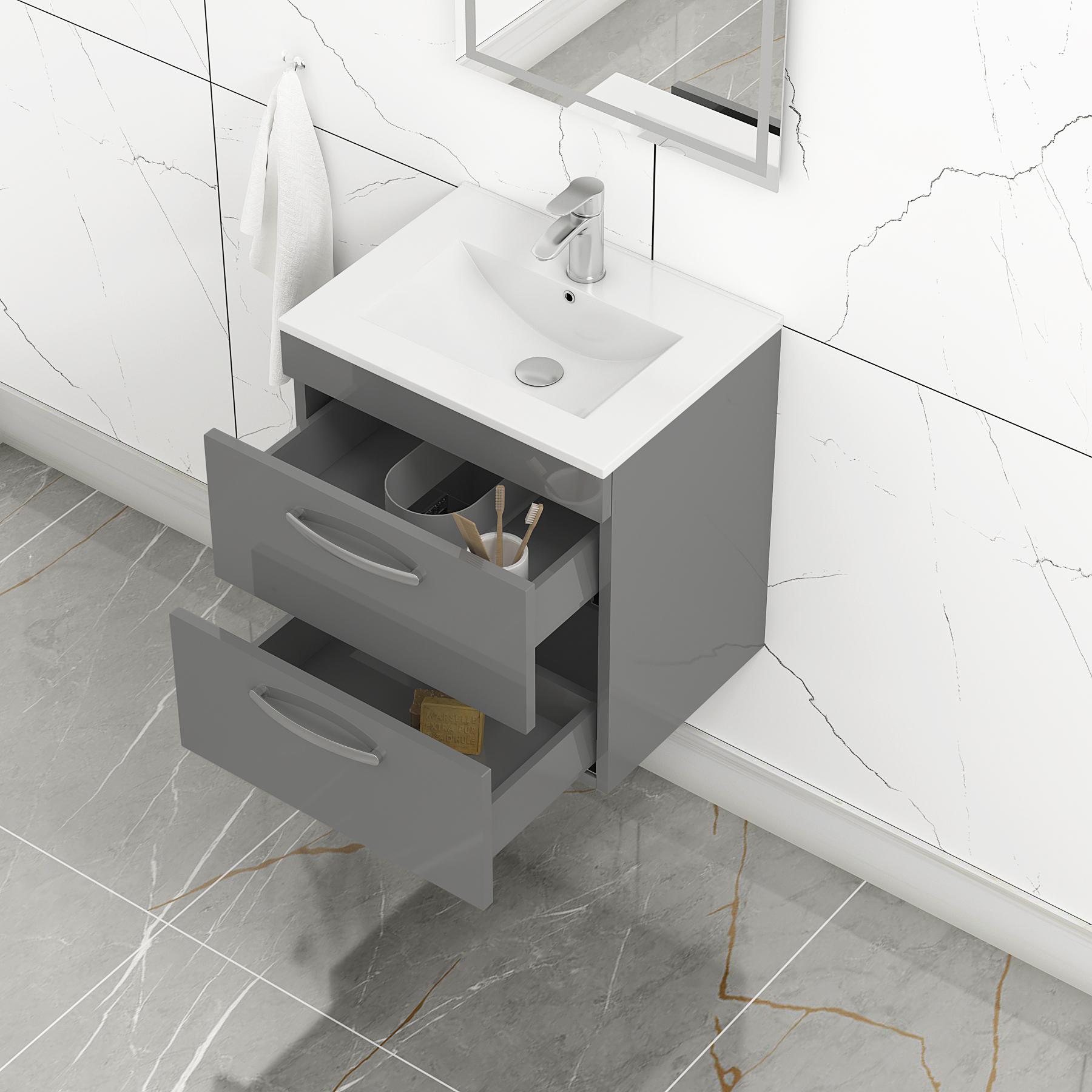 Turin 500mm Wall Hung Vanity Unit Indigo Grey Gloss 2 Drawer - Minimalist Sink Unit