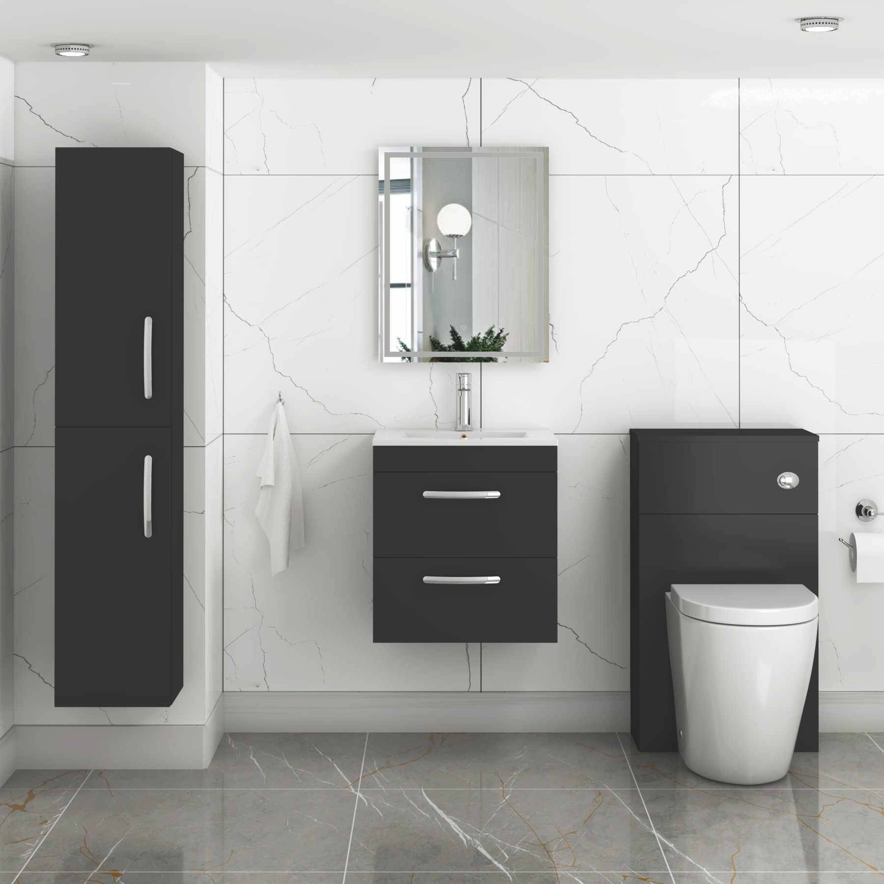 Turin Matt Black 2 Drawer Wall Hung Vanity Unit with Mid-Edge Basin - Multiple Sizes