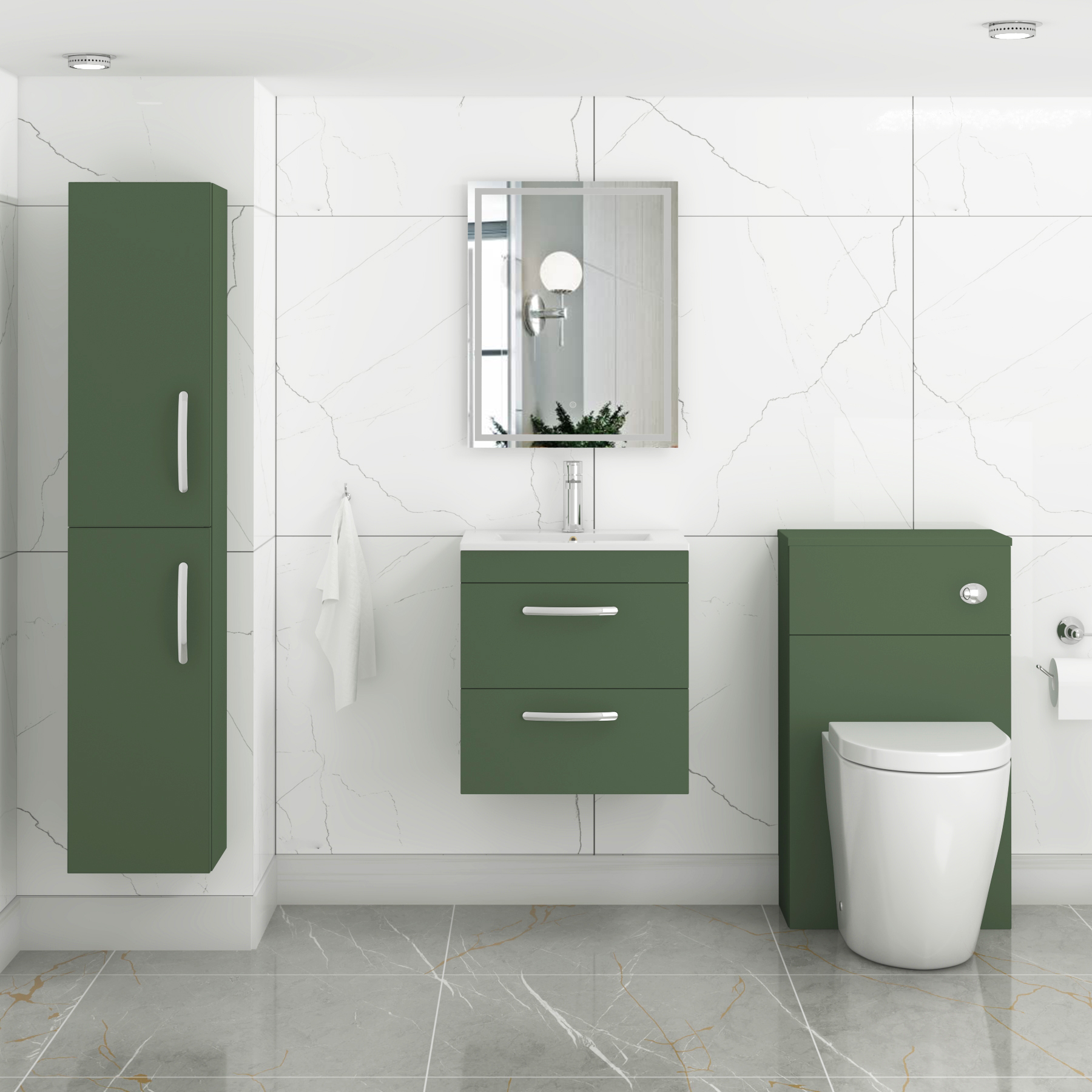 Turin Matt Green 2 Drawer Wall Hung Vanity Unit with Mid-Edge Basin - Multiple Sizes