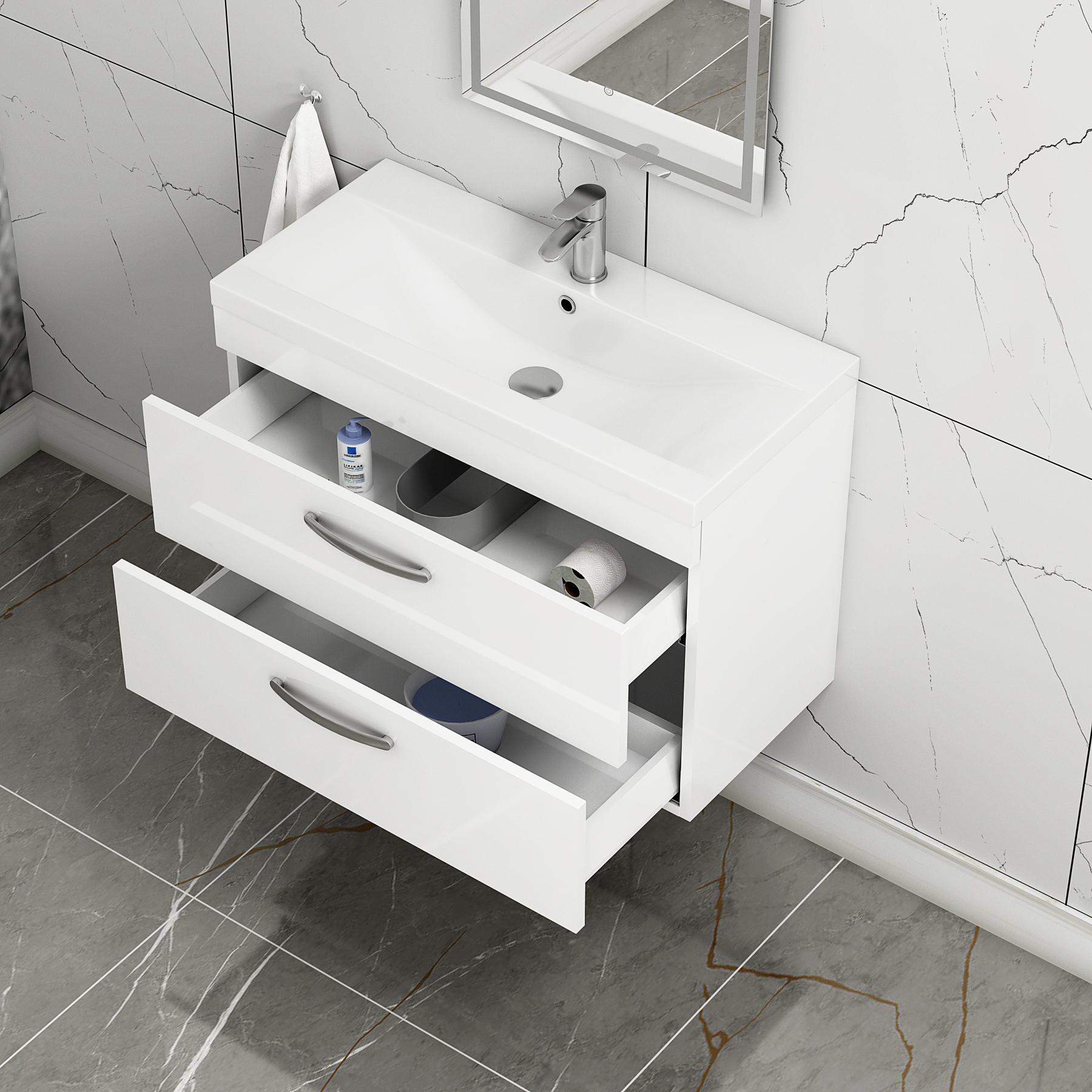  800mm Gloss White Wall Hung 2 Drawer Vanity Unit and Optional Basin - Mid Edge / Minimalist