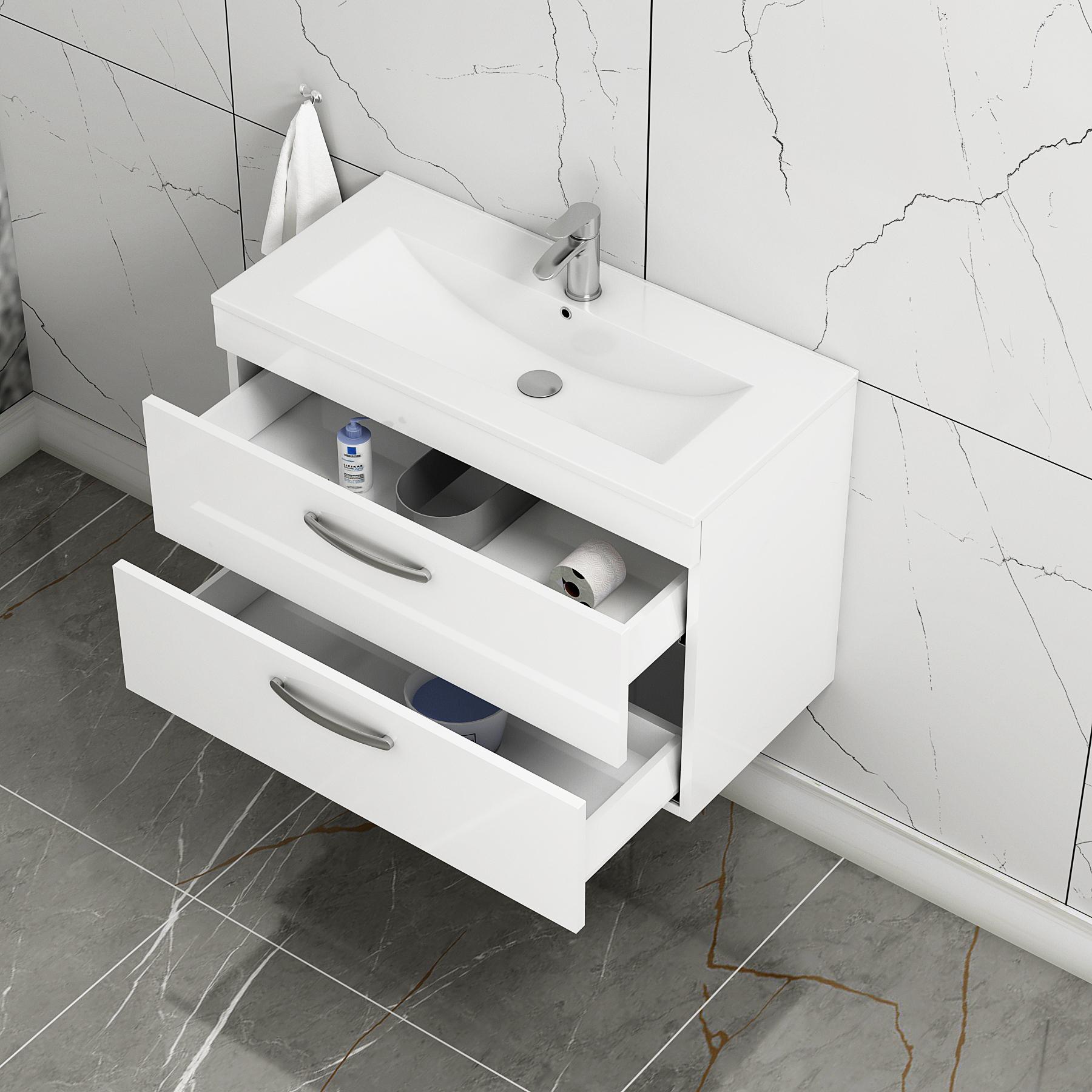 Turin 800mm Gloss White Wall Hung Vanity Unit 2 Drawer - Minimalist Sink Unit