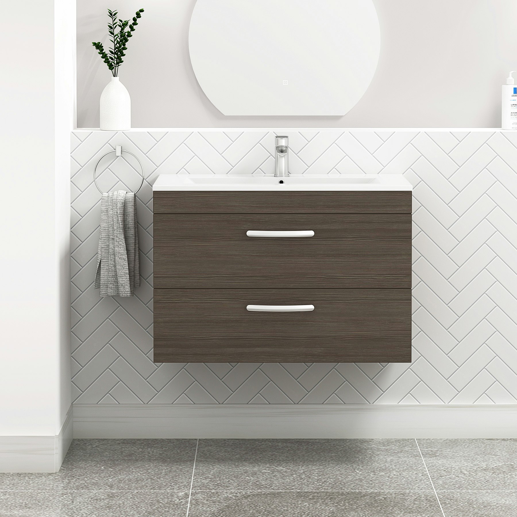 Turin 800mm Wall Hung Vanity Unit Grey Elm 2 Drawer - Minimalist Sink Unit