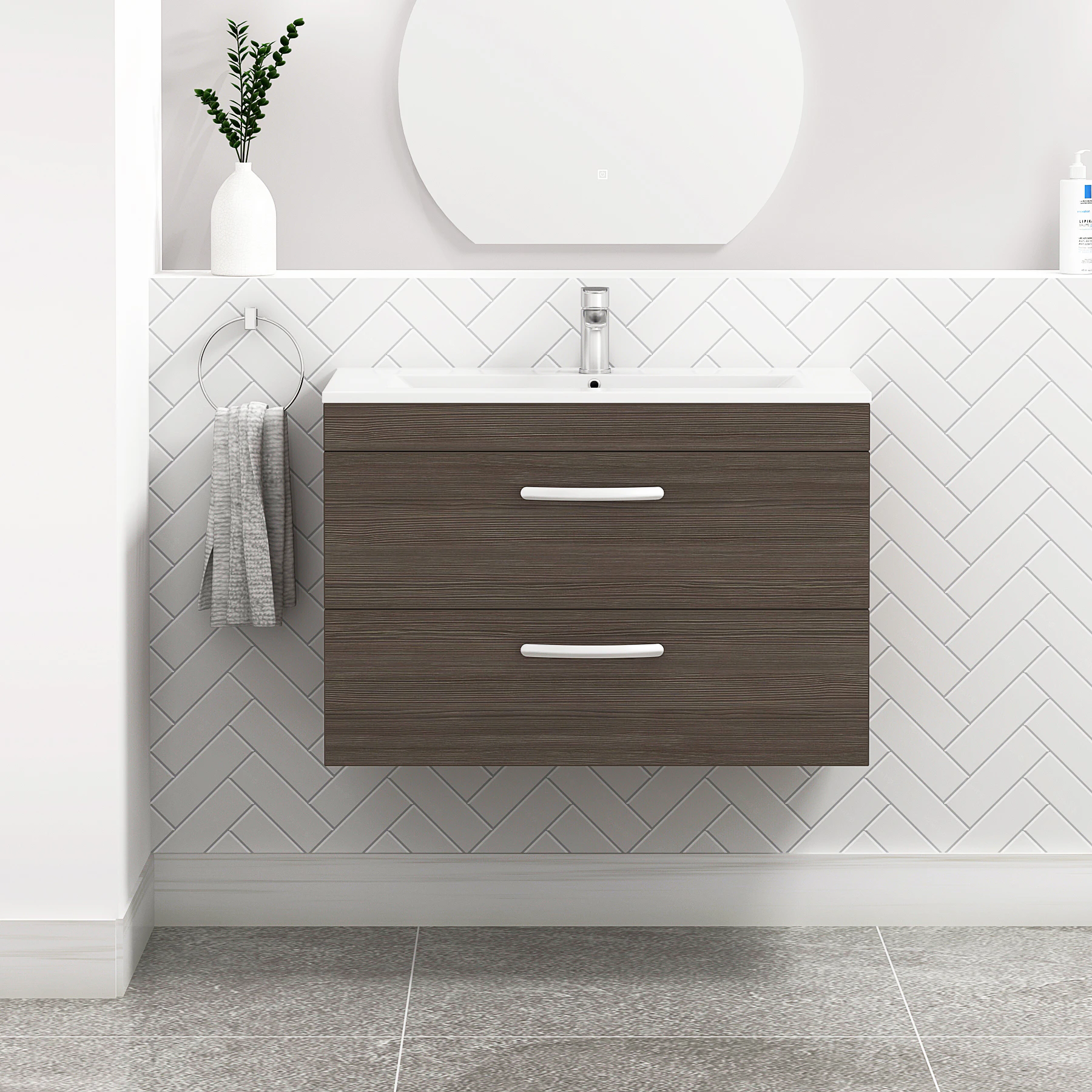 Turin 800mm Wall Hung Vanity Unit Grey Elm 2 Drawer - Minimalist Sink Unit