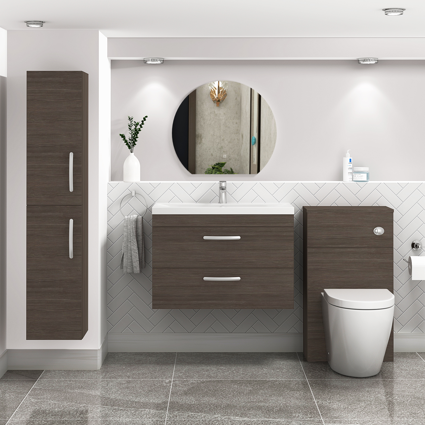 Turin Grey Elm 2 Drawer Wall Hung Vanity Unit with Mid-Edge Basin - Multiple Sizes