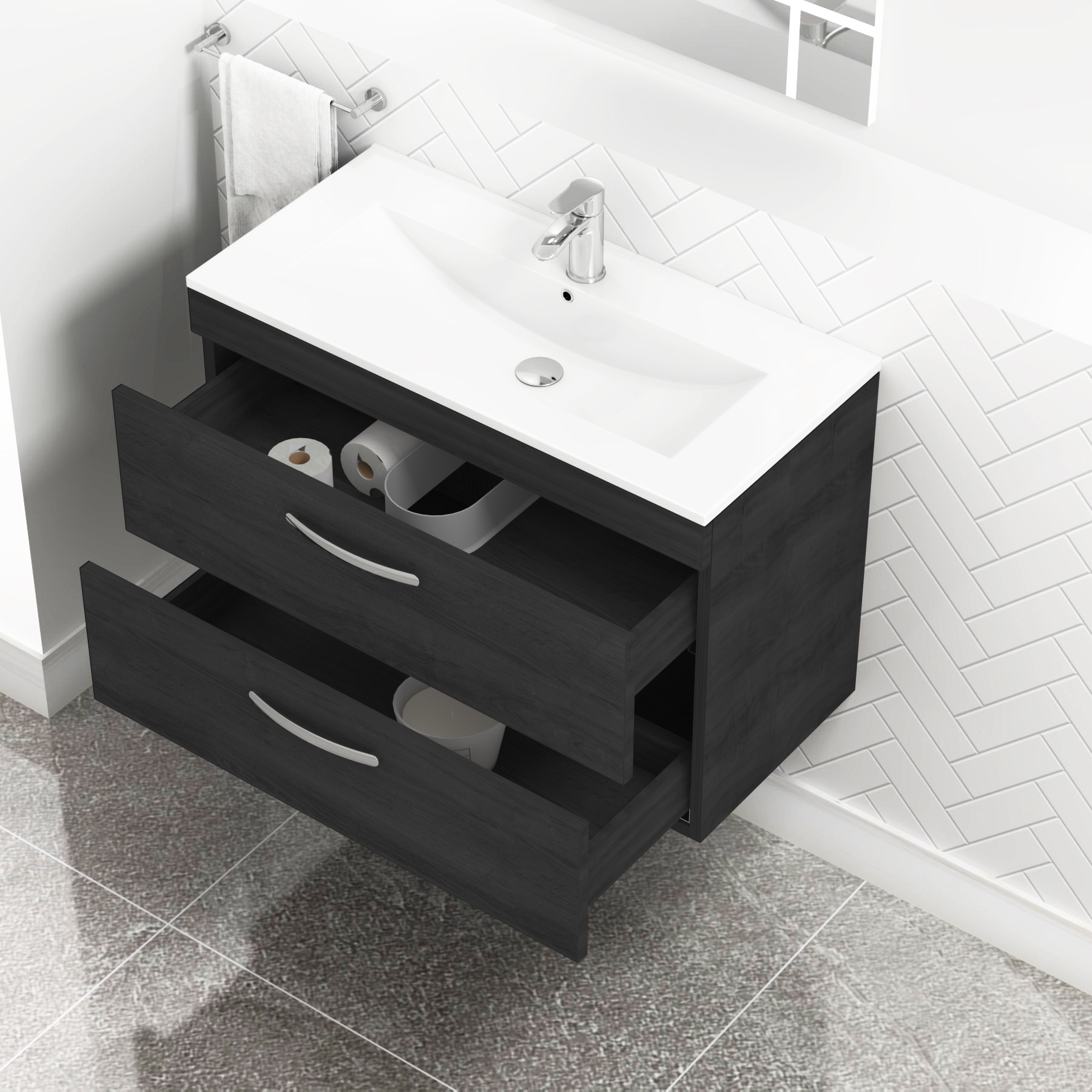 Turin 800mm Wall Hung Vanity Unit Hale Black 2 Drawer - Minimalist Sink Unit