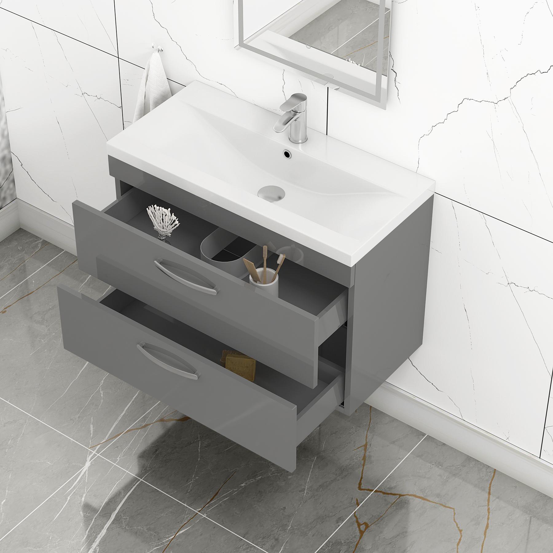  800mm Indigo Grey Gloss Wall Hung 2 Drawer Vanity Unit and Optional Basin - Mid Edge / Minimalist