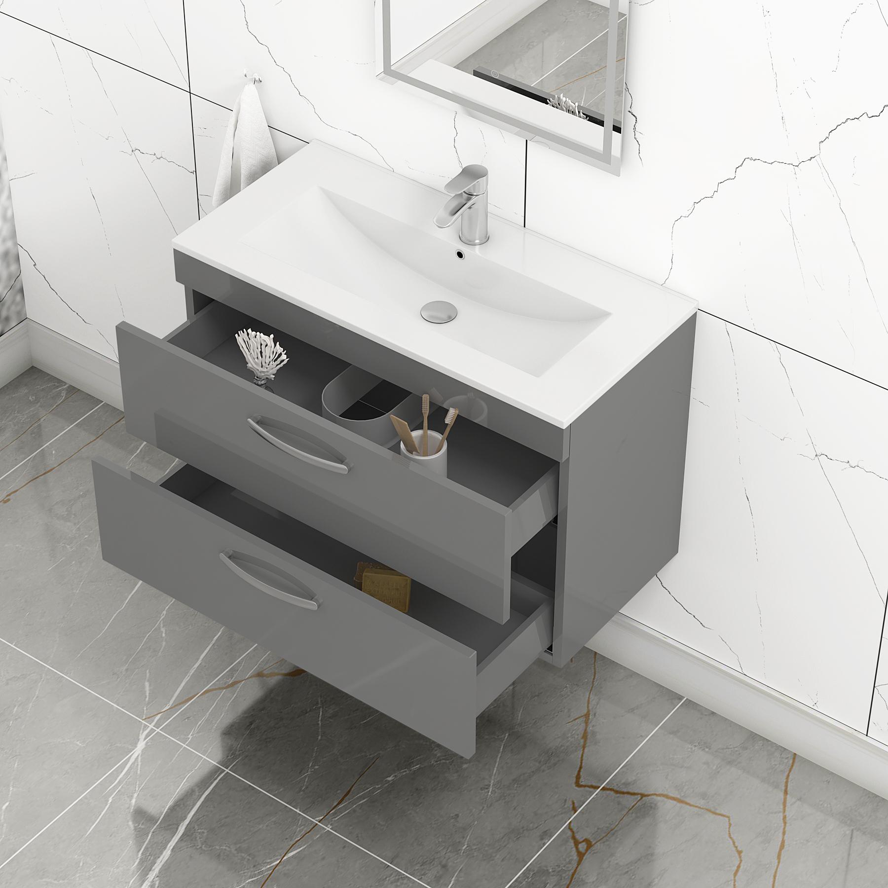 Turin 800mm Wall Hung Vanity Unit Indigo Grey Gloss 2 Drawer - Minimalist Sink Unit