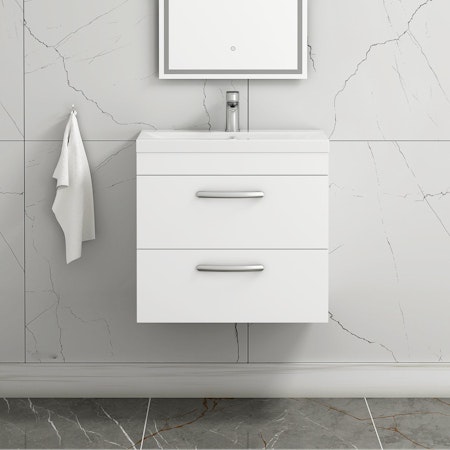 Turin Gloss White 2 Drawer Wall Hung Vanity Unit with Mid-Edge Basin - Multiple Sizes