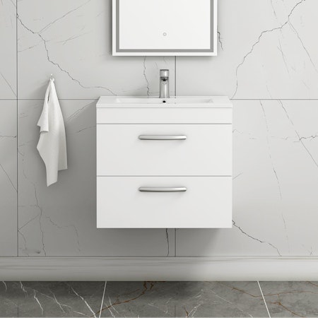Turin Gloss White 2 Drawer Wall Hung Vanity Unit with Minimalist Basin - Multiple Sizes