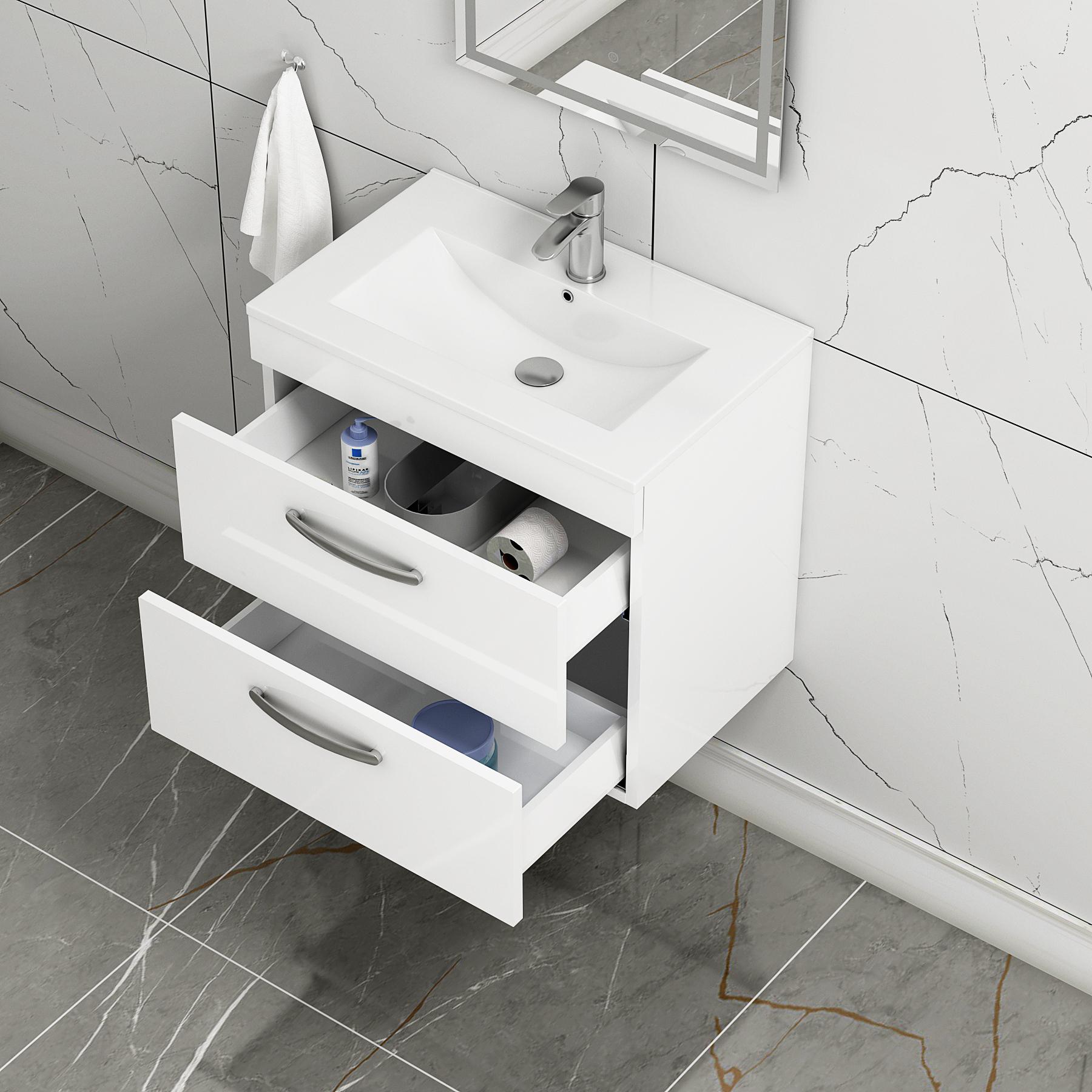 Turin 600mm Wall Hung Vanity Unit Gloss White 2 Drawer - Minimalist Sink Unit