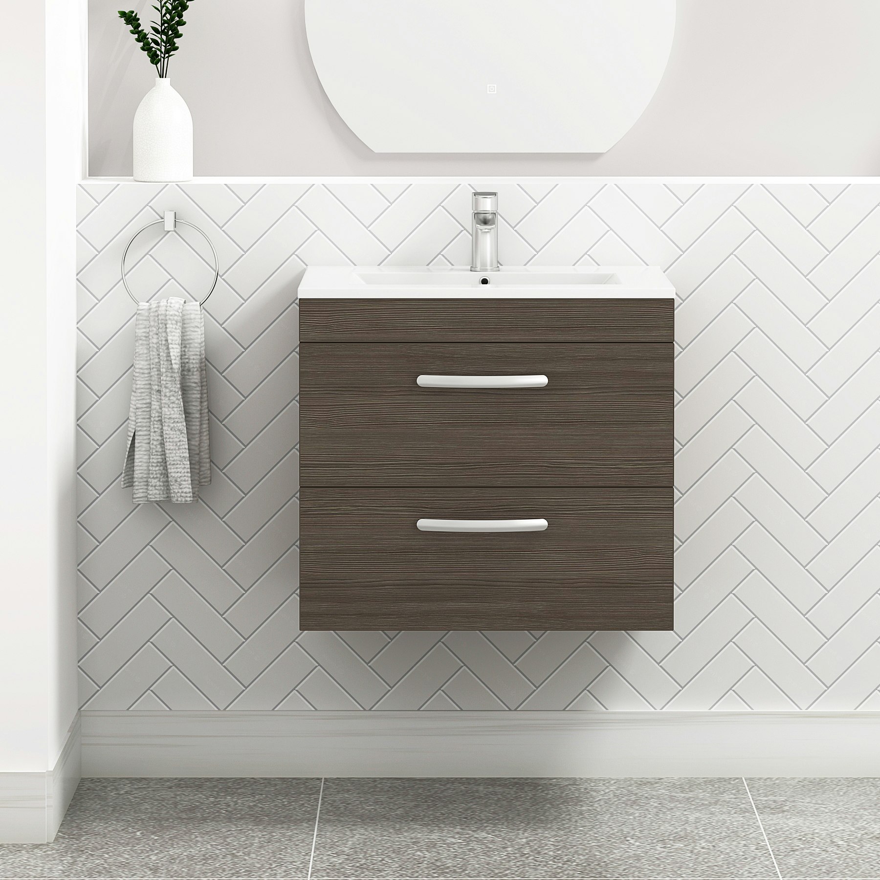 Turin 600mm Wall Hung Vanity Unit Grey Elm 2 Drawer - Minimalist Sink ...