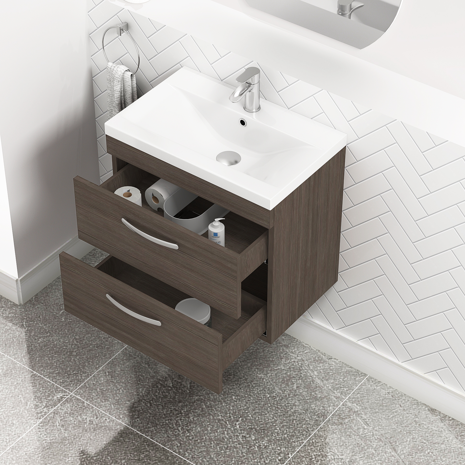 Turin 500 / 600 / 800mm Wall Hung Vanity Unit Grey Elm 2 Drawer - Optional Basin
