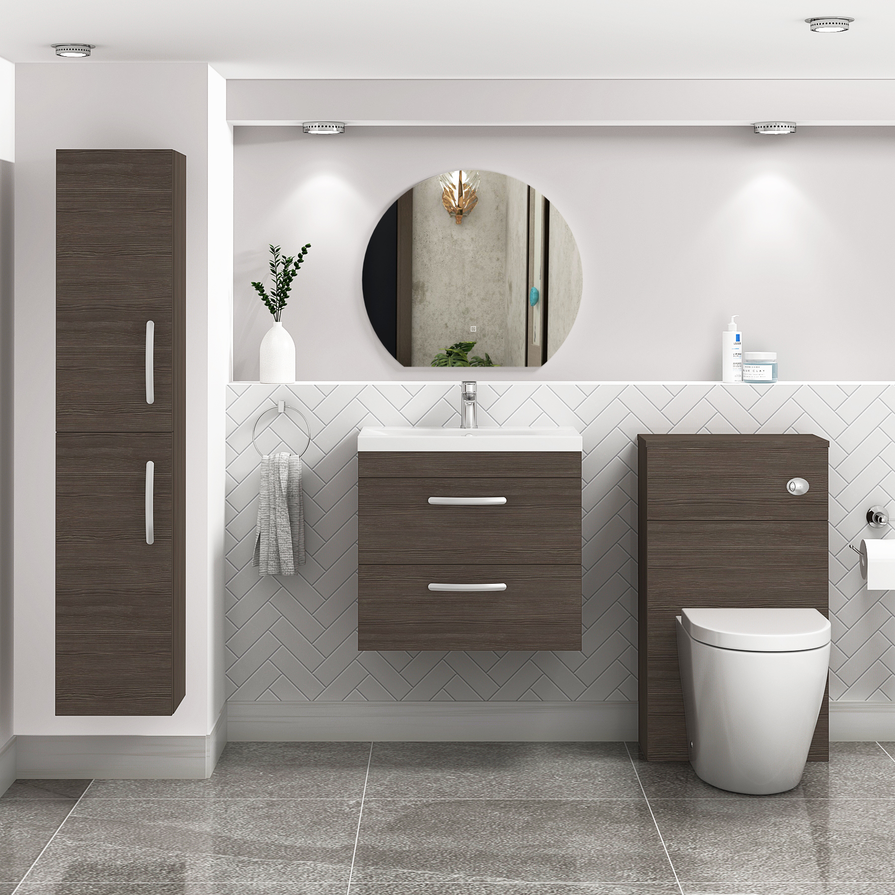 Turin 500 / 600 / 800mm Wall Hung Vanity Unit Grey Elm 2 Drawer - Optional Basin