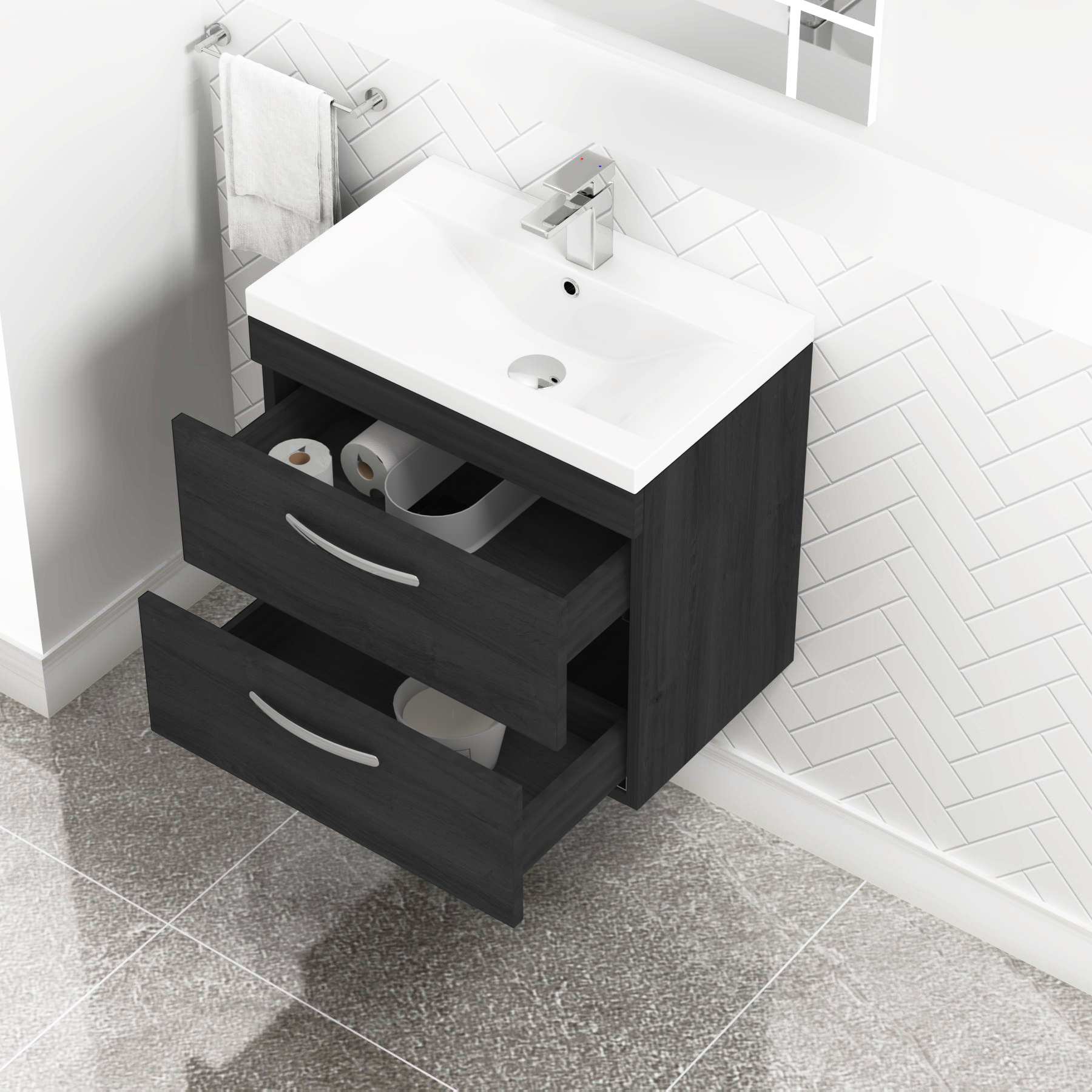  600mm Hale Black Wall Hung 2 Drawer Vanity Unit and Optional Basin - Mid Edge / Minimalist