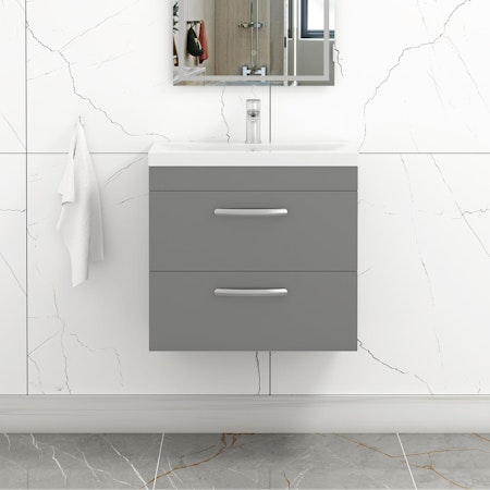 Turin Indigo Grey Gloss 2 Drawer Wall Hung Vanity Unit with Mid-Edge Basin - Multiple Sizes