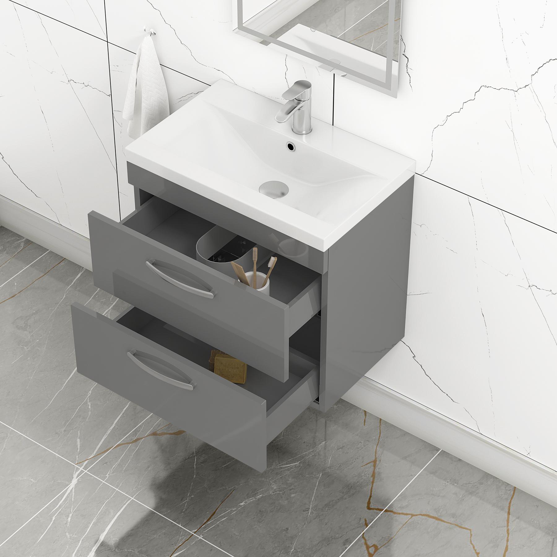 Turin 500 / 600 / 800mm Wall Hung Vanity Unit Cabinet Basin Sink Indigo Grey Gloss 2 Drawer - Optional Basin