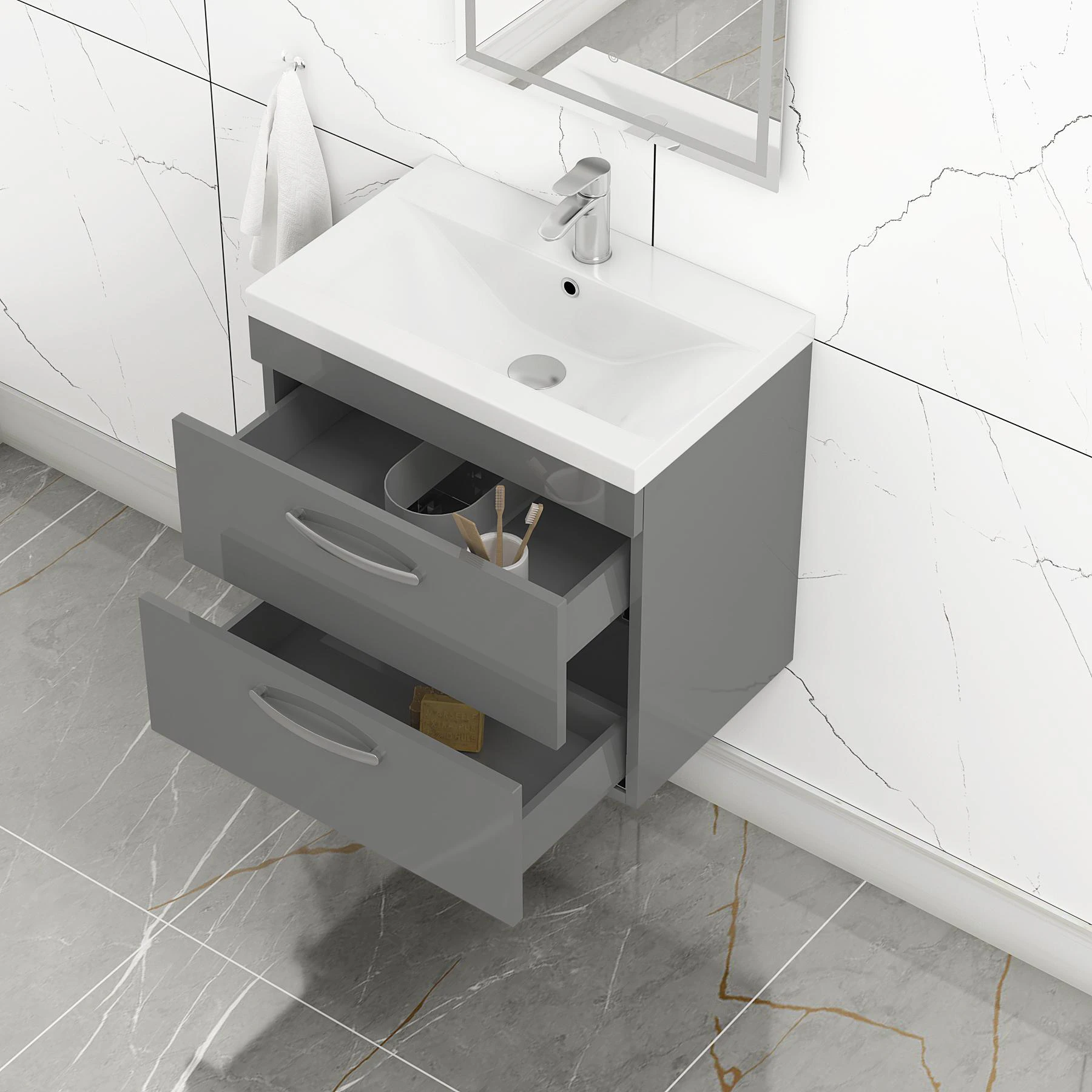 Turin 600mm Wall Hung Vanity Unit Sink 2 Drawer with Optional Basin ...