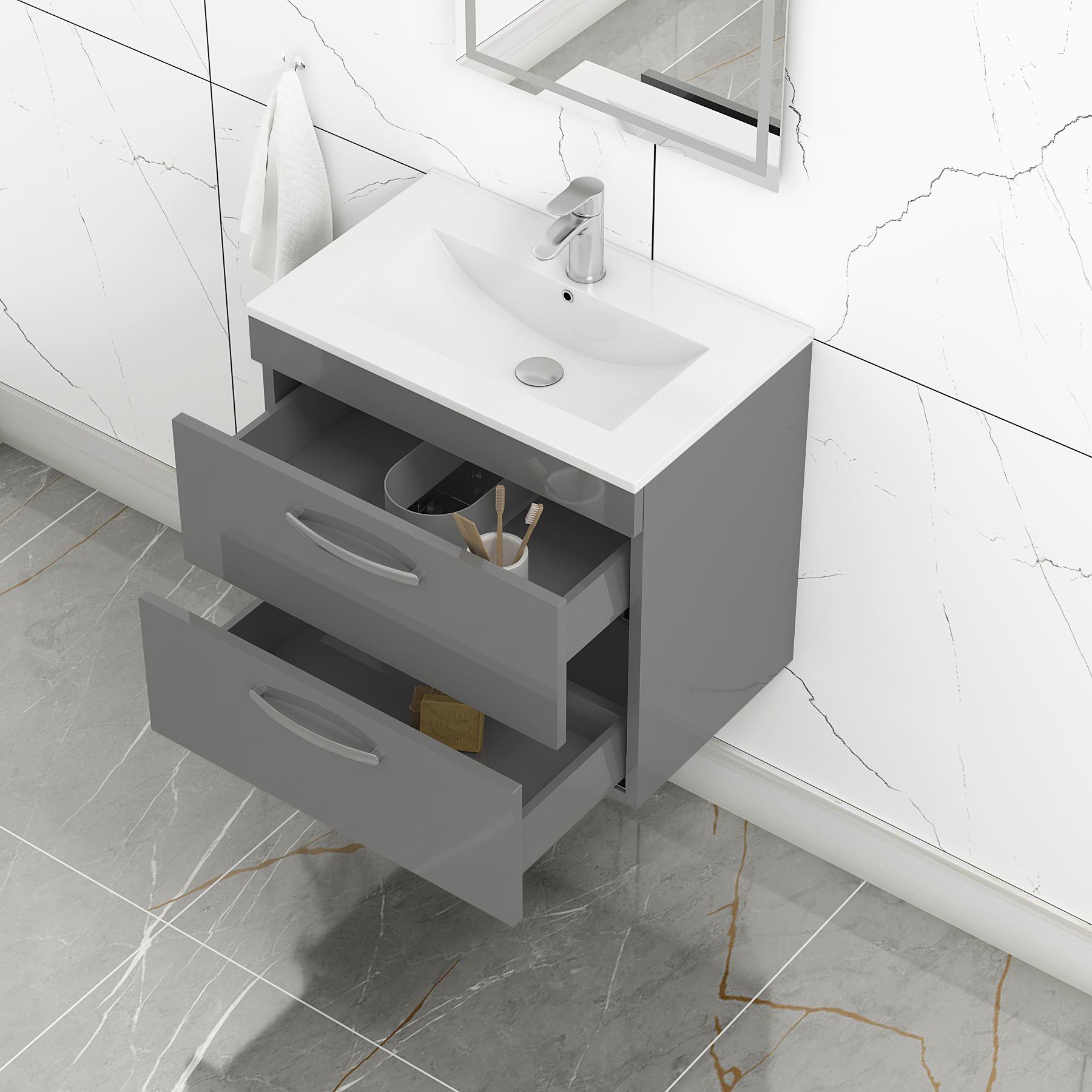 Turin 600mm Wall Hung Vanity Unit Indigo Grey Gloss 2 Drawer - Minimalist Sink Unit