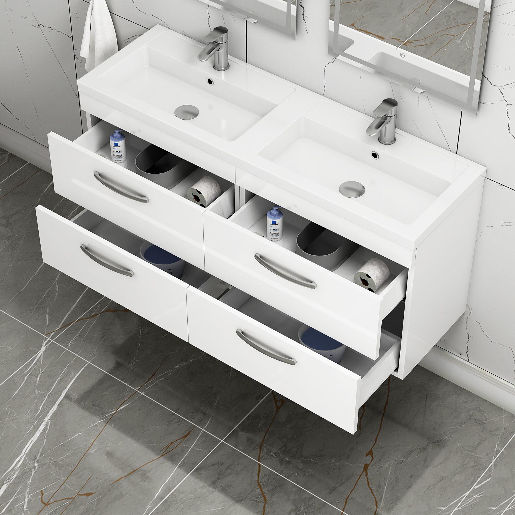Turin 1200mm Wall Hung Vanity Unit Gloss White 4 Drawer - Double Sink Unit