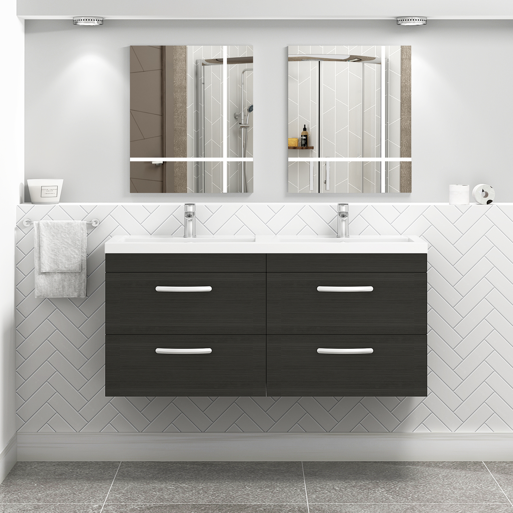 Turin 1200mm Wall Hung Vanity Unit Hale Black 4 Drawer - Double Sink Unit
