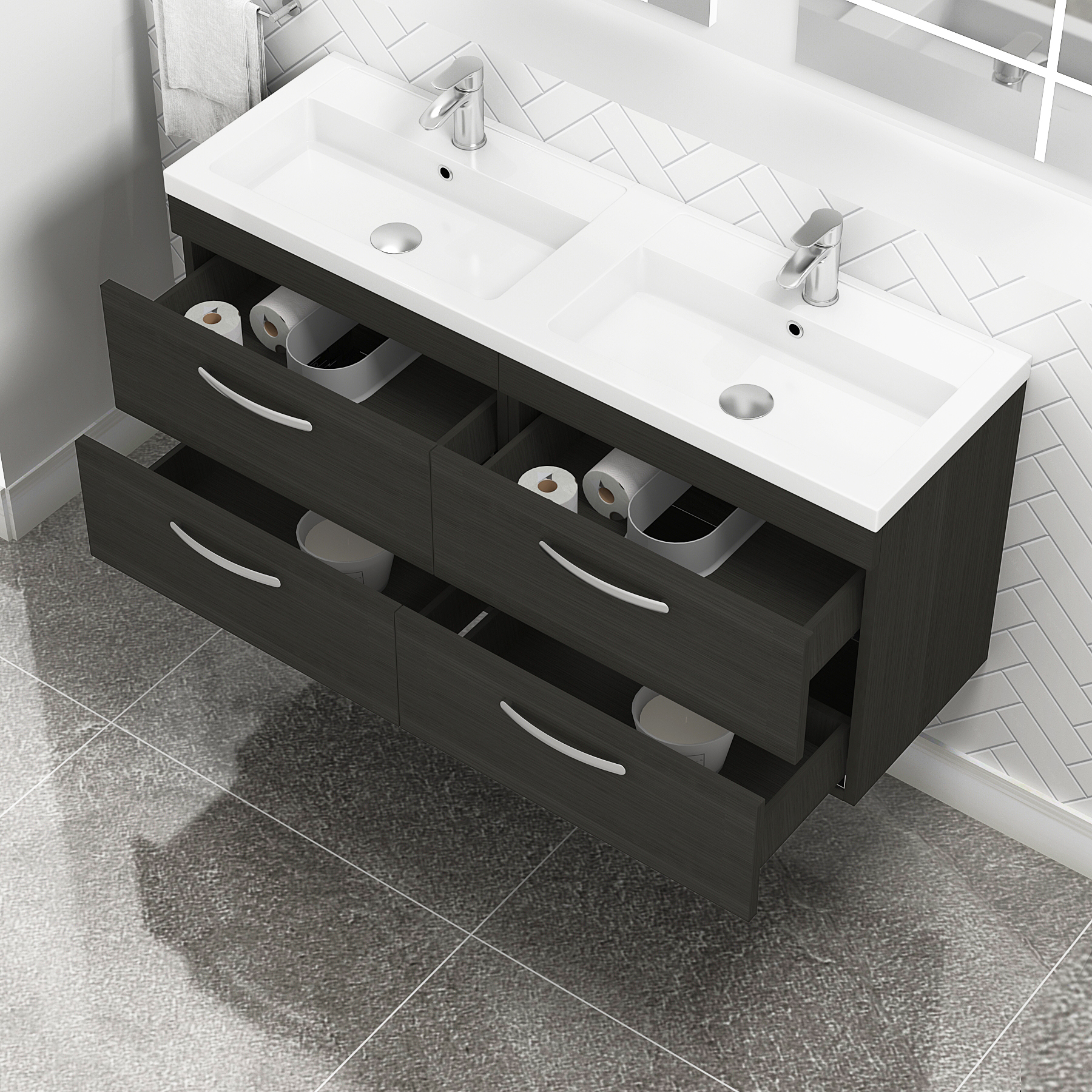 Turin 1200mm Wall Hung Vanity Unit Hale Black 4 Drawer - Double Sink Unit