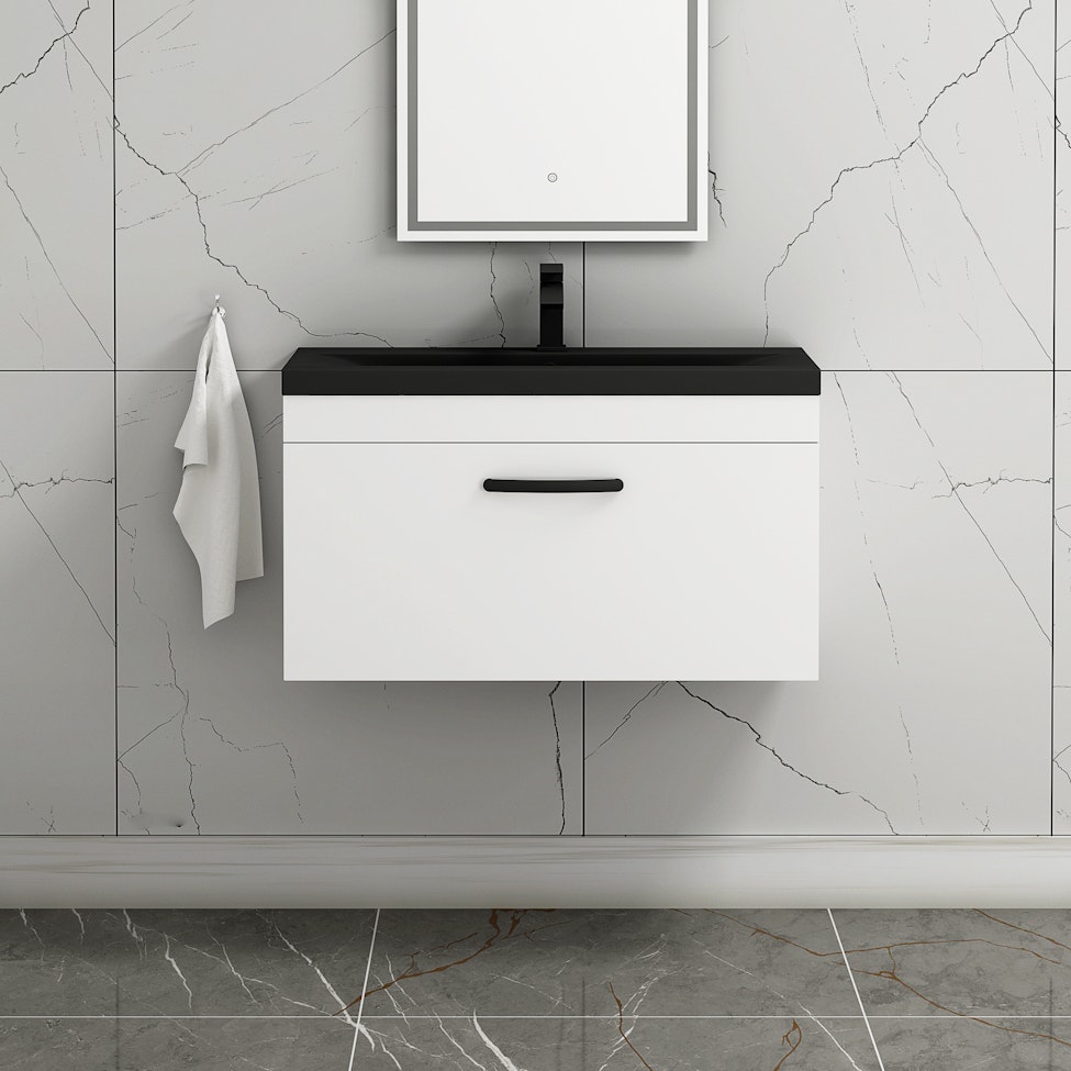  Turin Gloss White 1 Drawer Wall Hung Vanity Unit with Black Mid-Edge Basin - Multiple Sizes