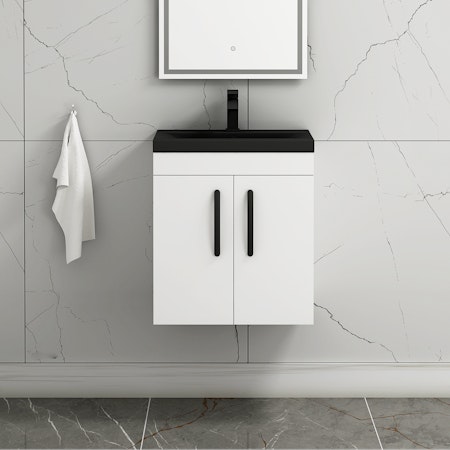  Turin Gloss White 2 Door Wall Hung Vanity Unit with Black Mid-Edge Basin - Multiple Sizes