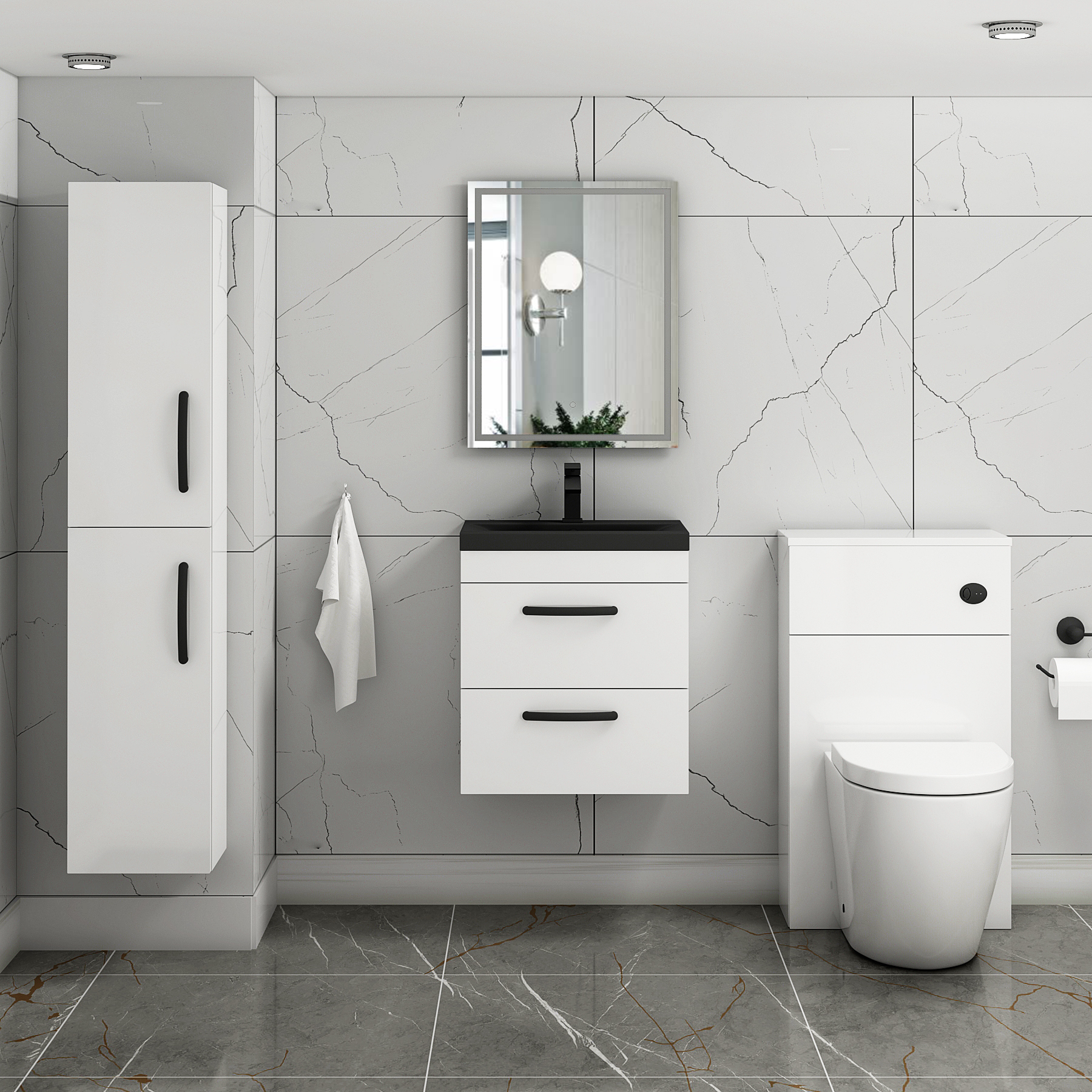  Turin Gloss White 2 Drawer Wall Hung Vanity Unit with Black Mid-Edge Basin - Multiple Sizes