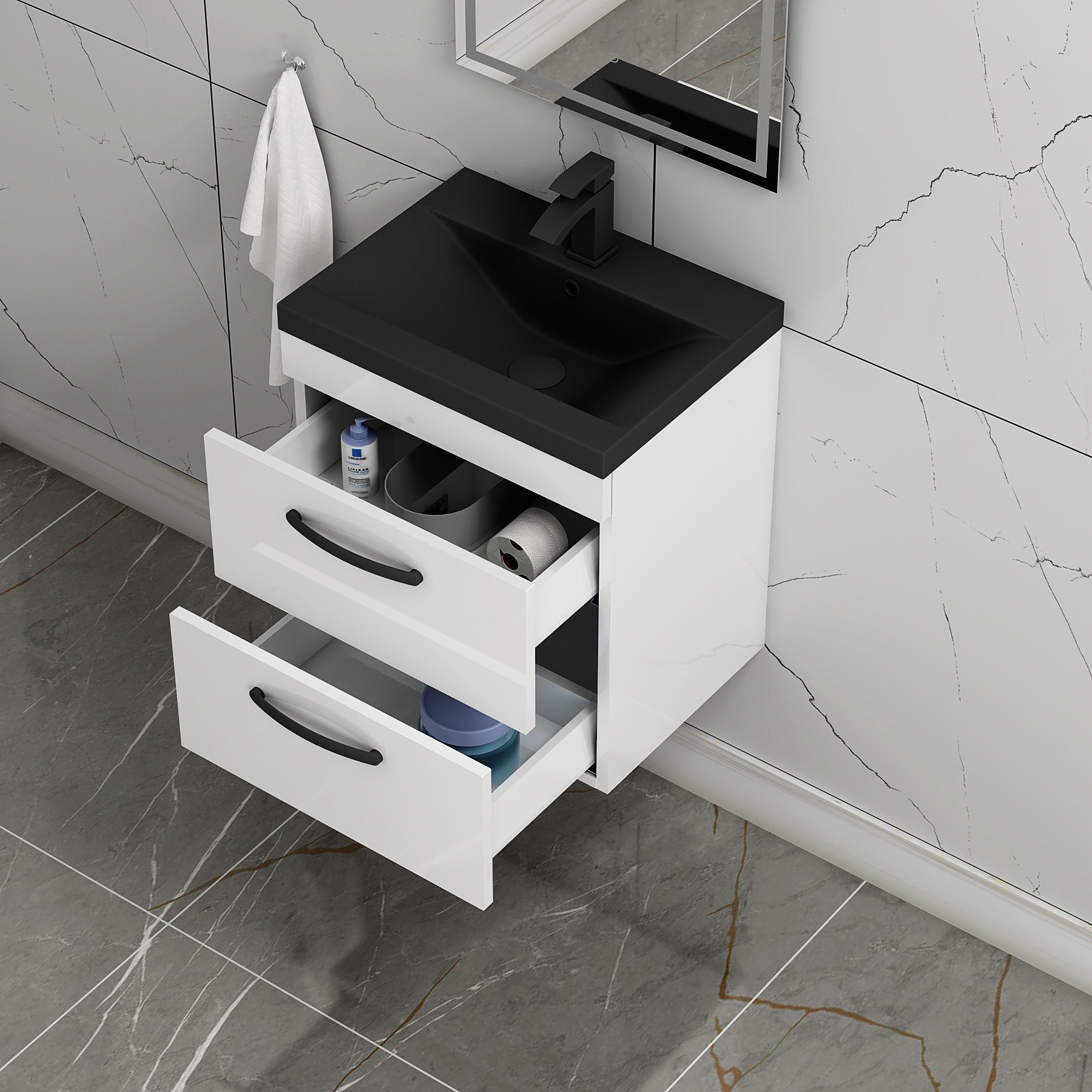 Turin Wall Hung 2 Drawer Vanity Unit with Black Basin - Multiple Sizes & Colours
