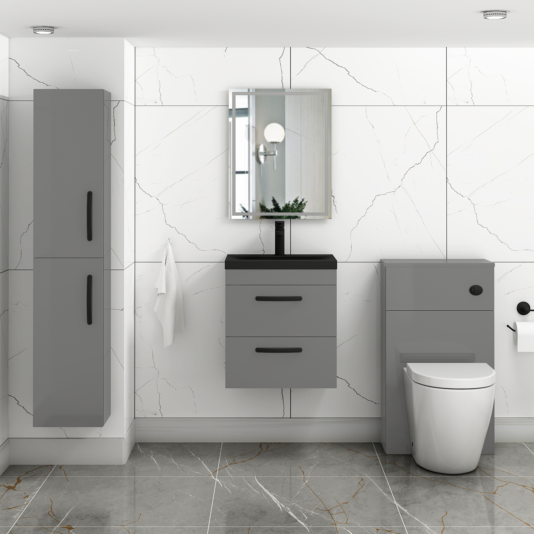  Turin Indigo Grey Gloss 2 Drawer Wall Hung Vanity Unit with Black Mid-Edge Basin - Multiple Sizes