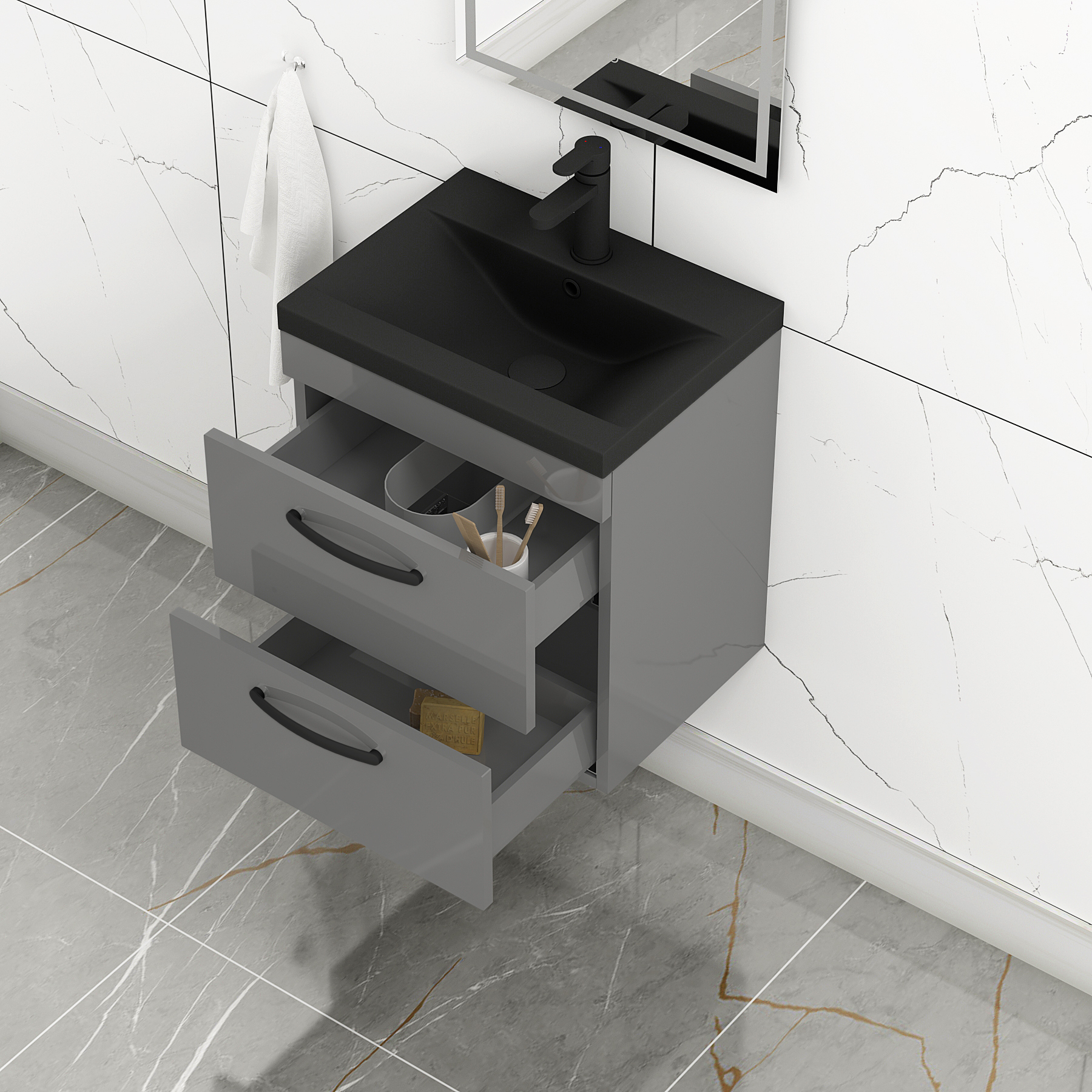 Turin Wall Hung 2 Drawer Vanity Unit with Black Basin - Multiple Sizes & Colours