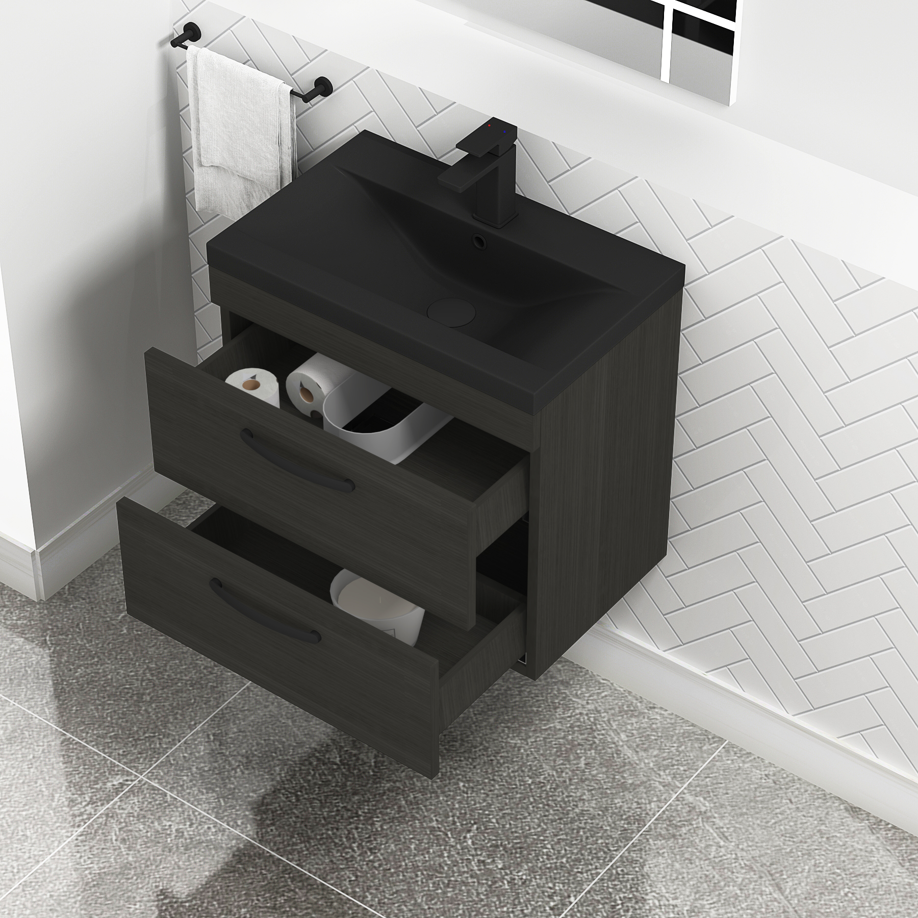 Turin Wall Hung 2 Drawer Vanity Unit with Black Basin - Multiple Sizes & Colours
