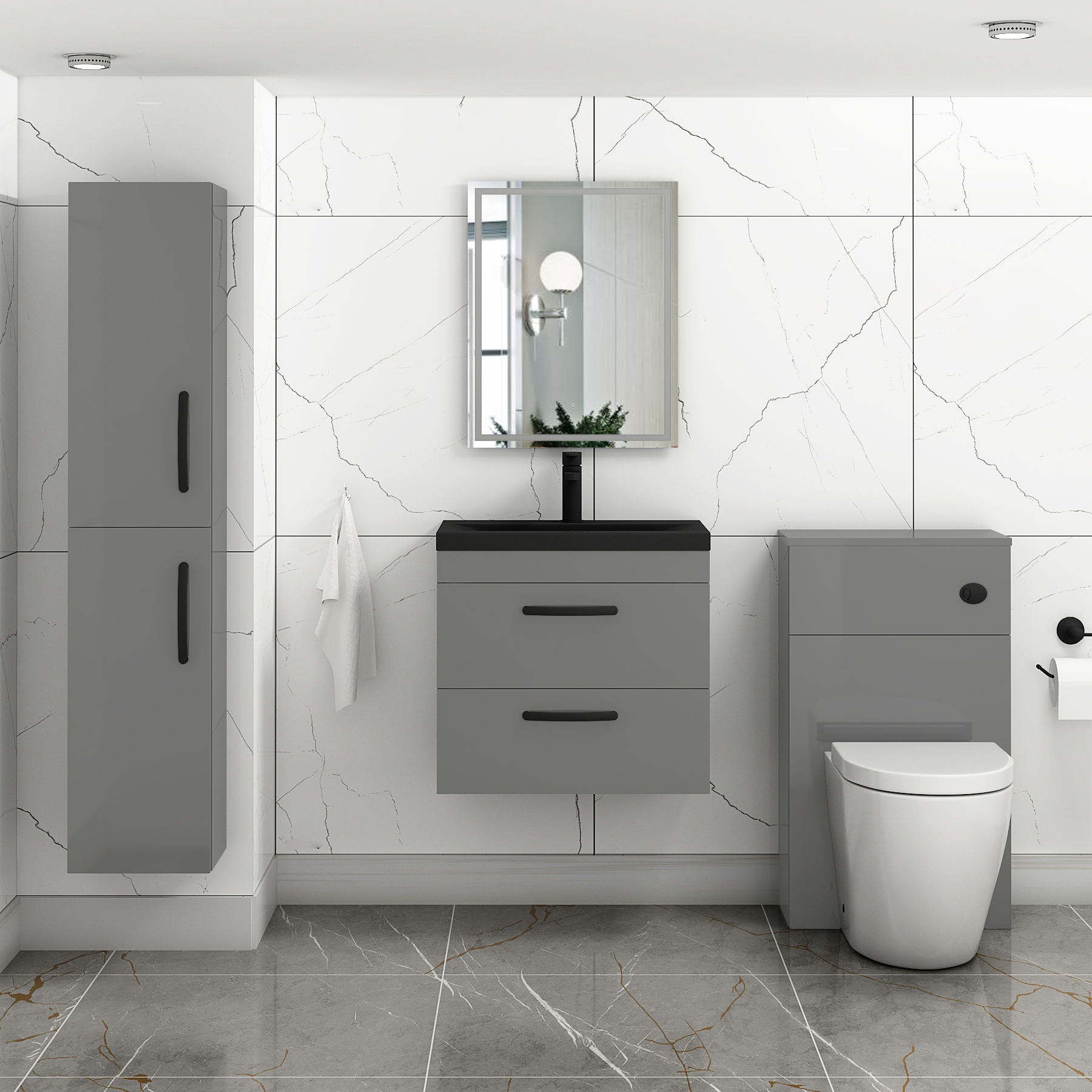  Turin Indigo Grey Gloss 2 Drawer Wall Hung Vanity Unit with Black Mid-Edge Basin - Multiple Sizes