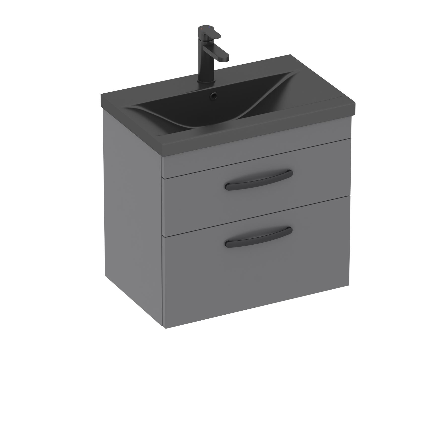  Turin Indigo Grey Gloss 2 Drawer Wall Hung Vanity Unit with Black Mid-Edge Basin - Multiple Sizes