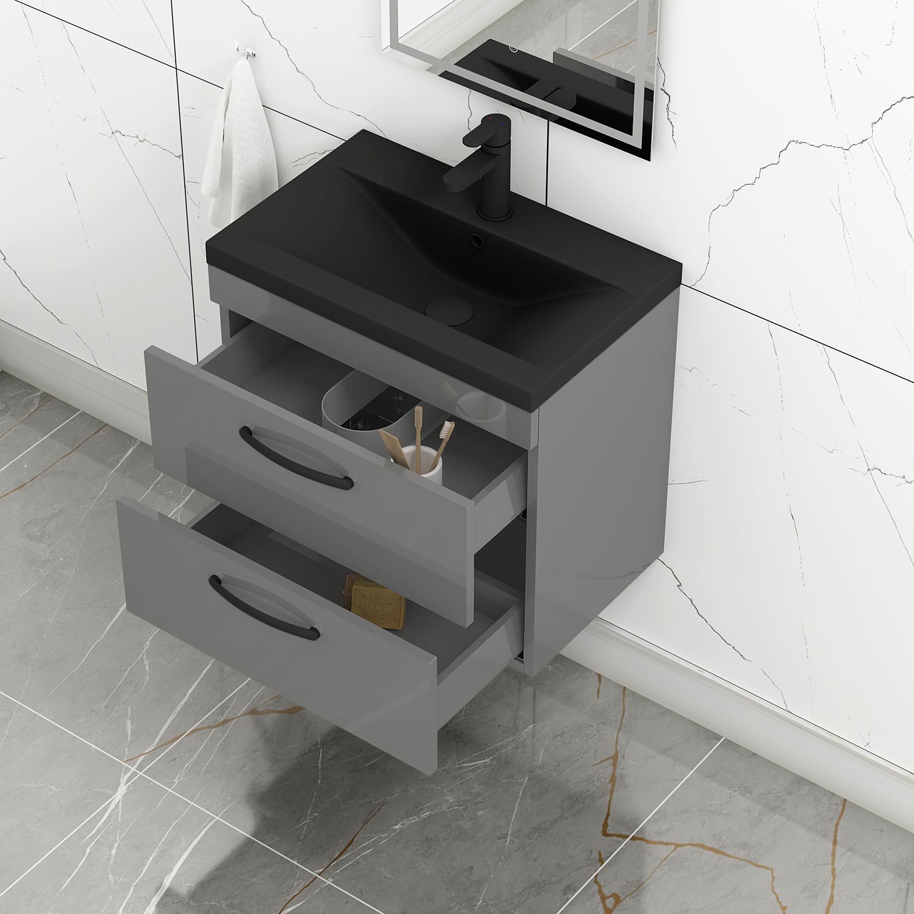 Turin Wall Hung 2 Drawer Vanity Unit with Black Basin - Multiple Sizes & Colours