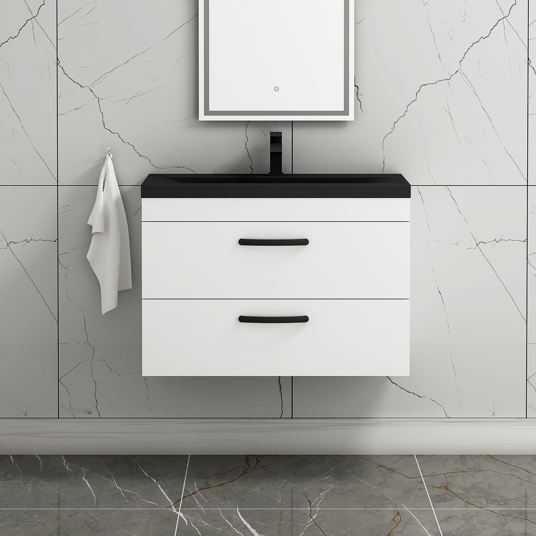  Turin Gloss White 2 Drawer Wall Hung Vanity Unit with Black Mid-Edge Basin - Multiple Sizes