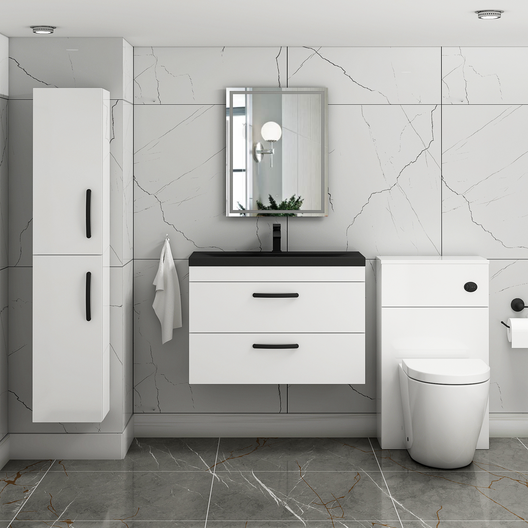  Turin Gloss White 2 Drawer Wall Hung Vanity Unit with Black Mid-Edge Basin - Multiple Sizes