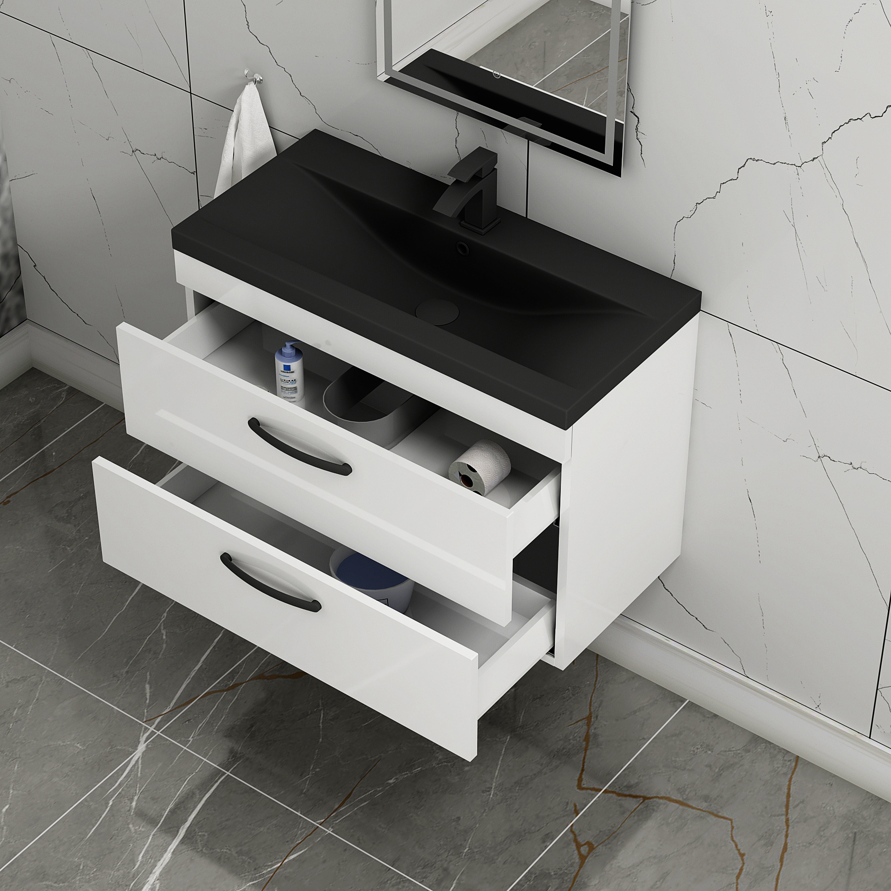 Turin Wall Hung 2 Drawer Vanity Unit with Black Basin - Multiple Sizes & Colours