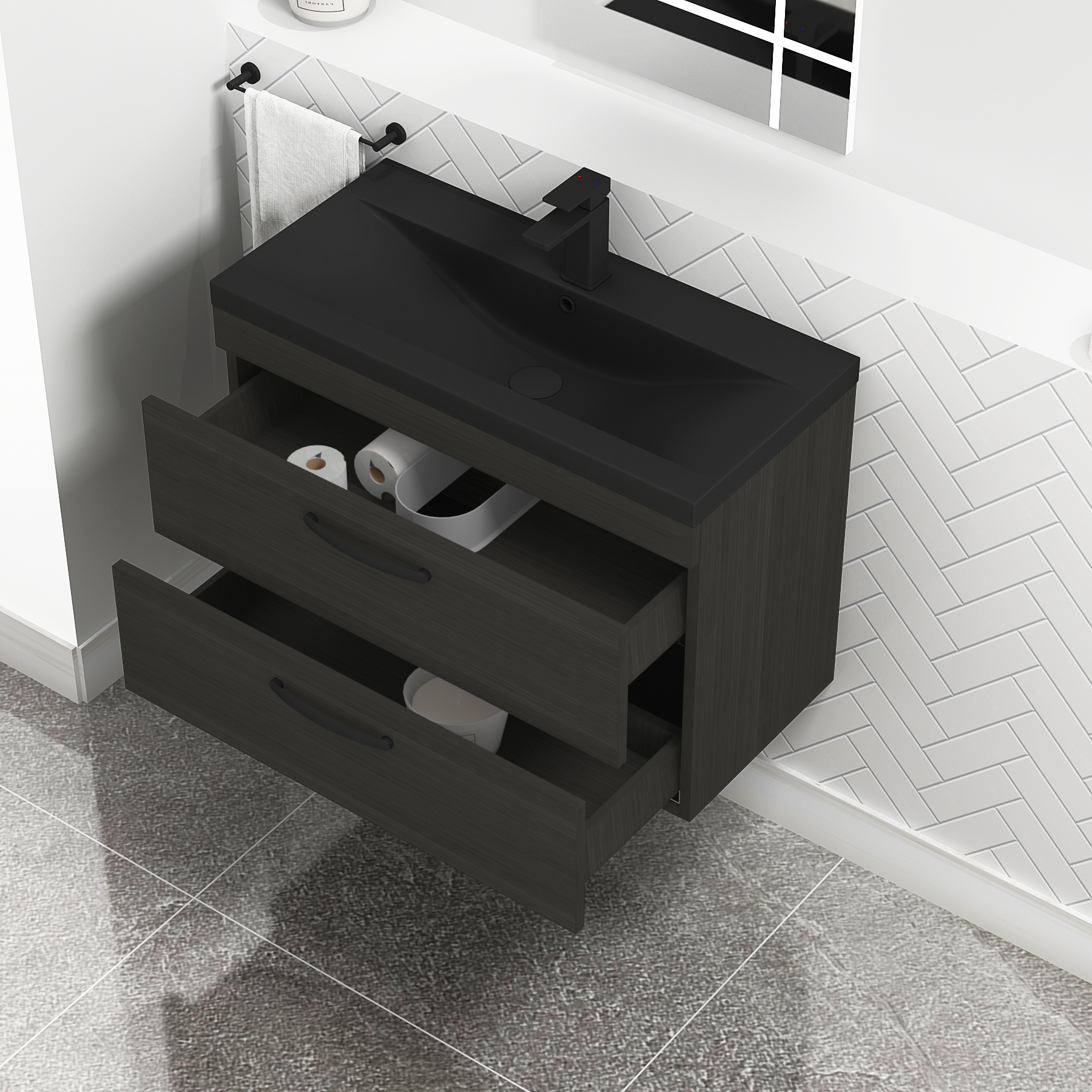 Turin Wall Hung 2 Drawer Vanity Unit with Black Basin - Multiple Sizes & Colours