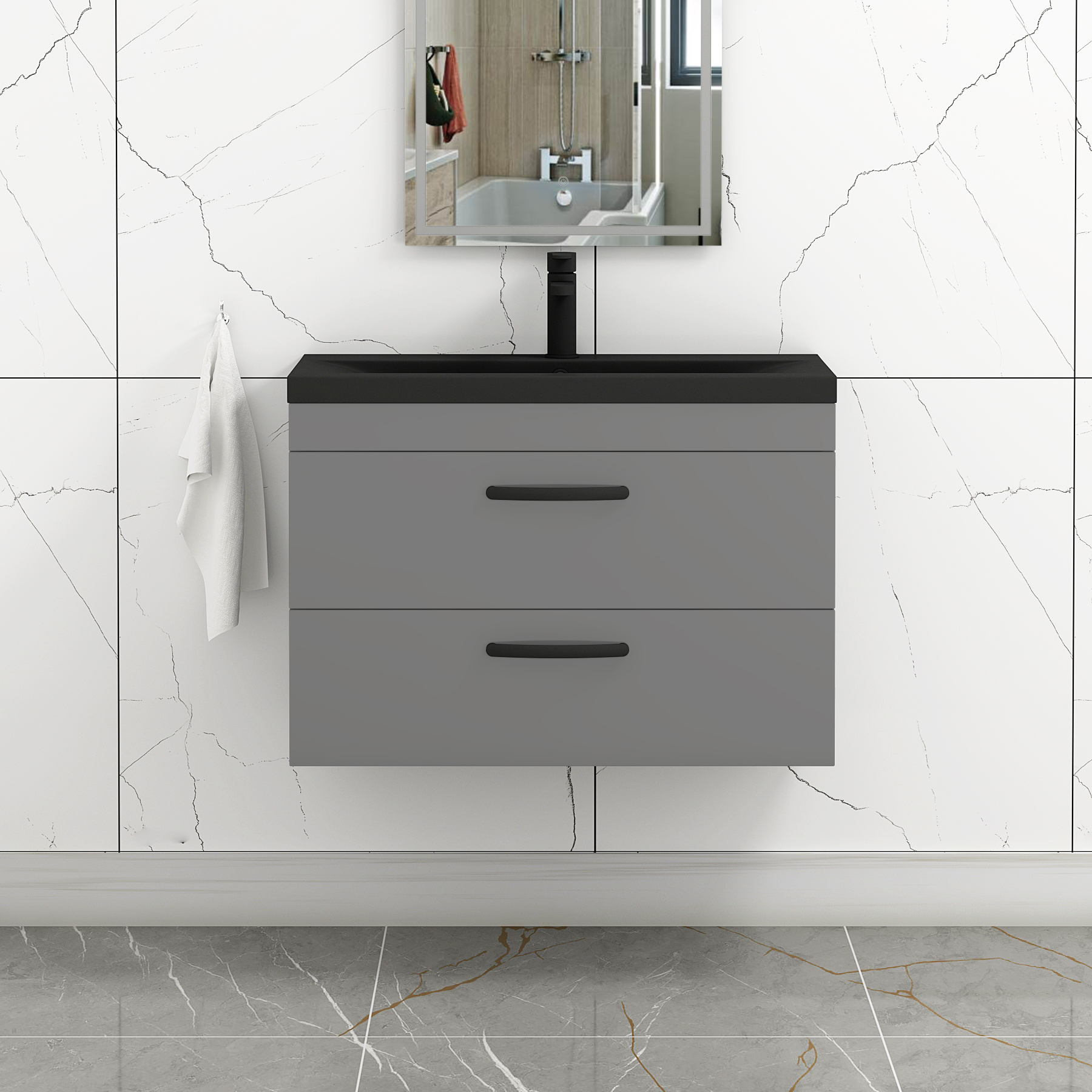  Turin Indigo Grey Gloss 2 Drawer Wall Hung Vanity Unit with Black Mid-Edge Basin - Multiple Sizes