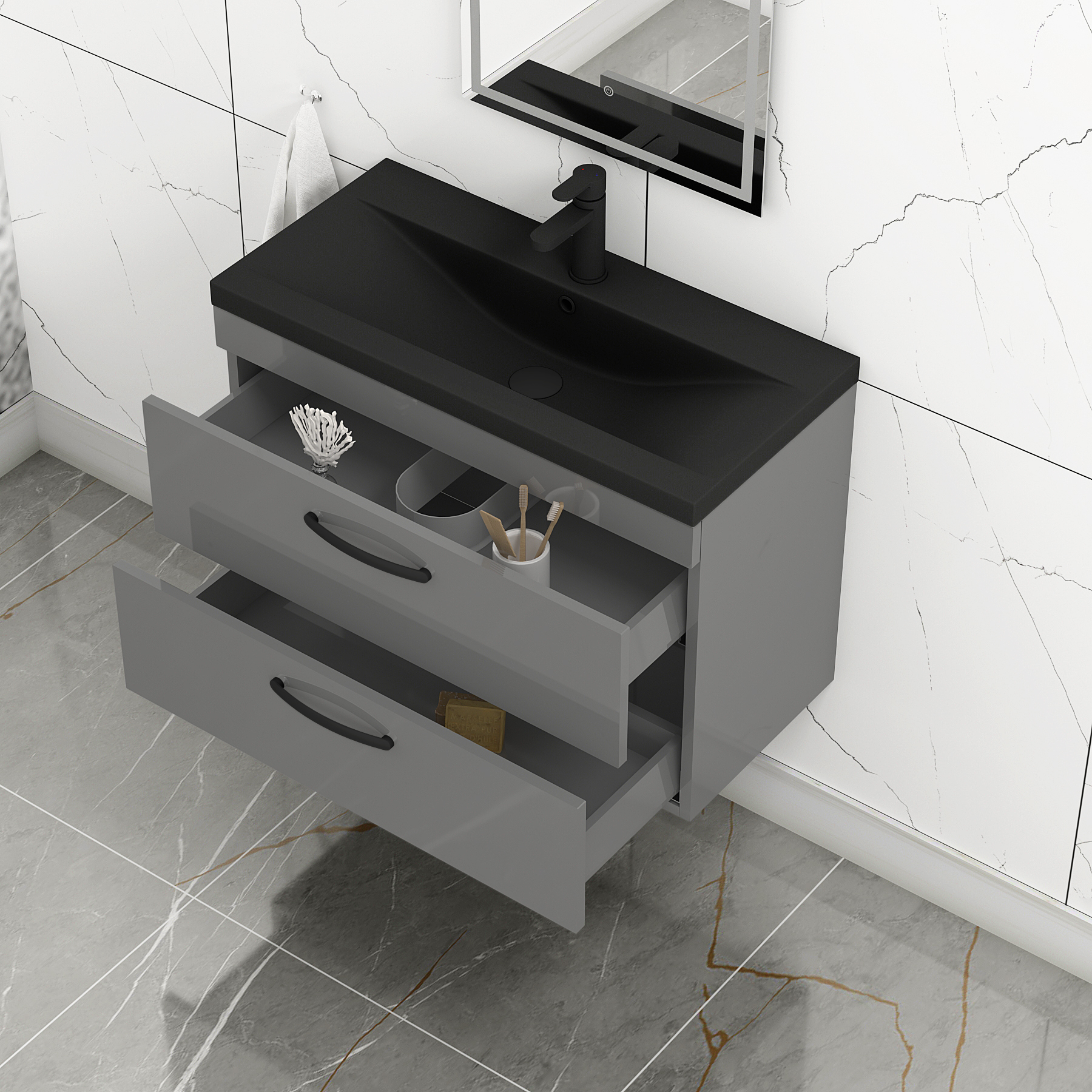 Turin Wall Hung 2 Drawer Vanity Unit with Black Basin - Multiple Sizes & Colours