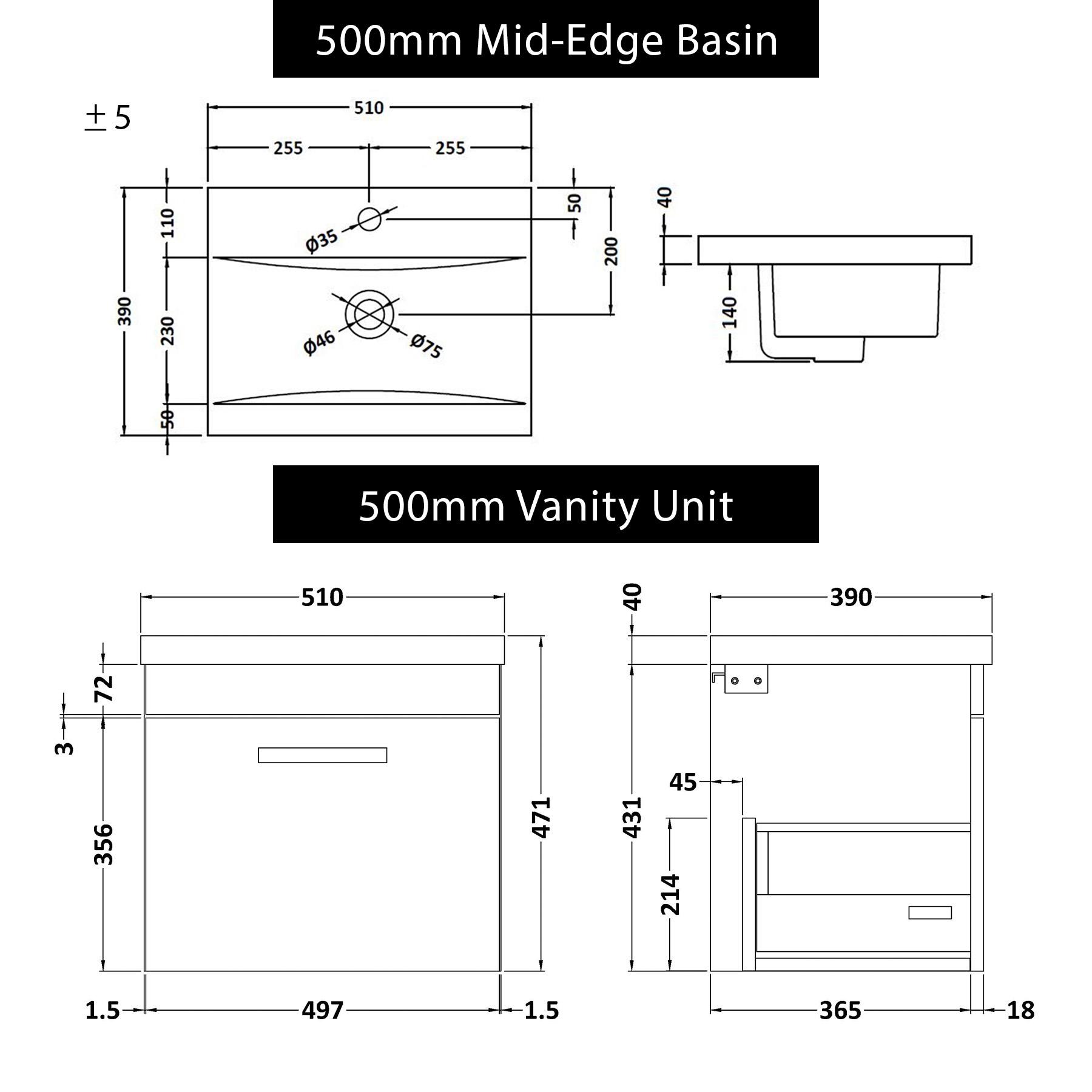 Turin 500mm Wall Hung Vanity Sink Unit 1 Drawer Indigo Grey Gloss - Mid-Edge Basin