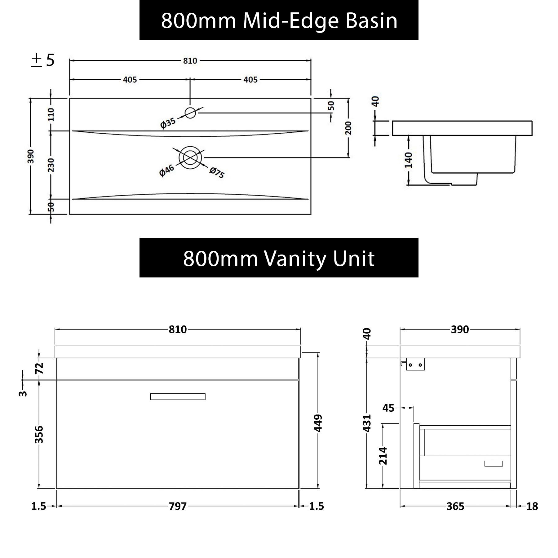 Turin 800mm Wall Hung Vanity Sink Unit 1 Drawer Indigo Grey Gloss - Mid-Edge Basin with Brushed Brass Handle