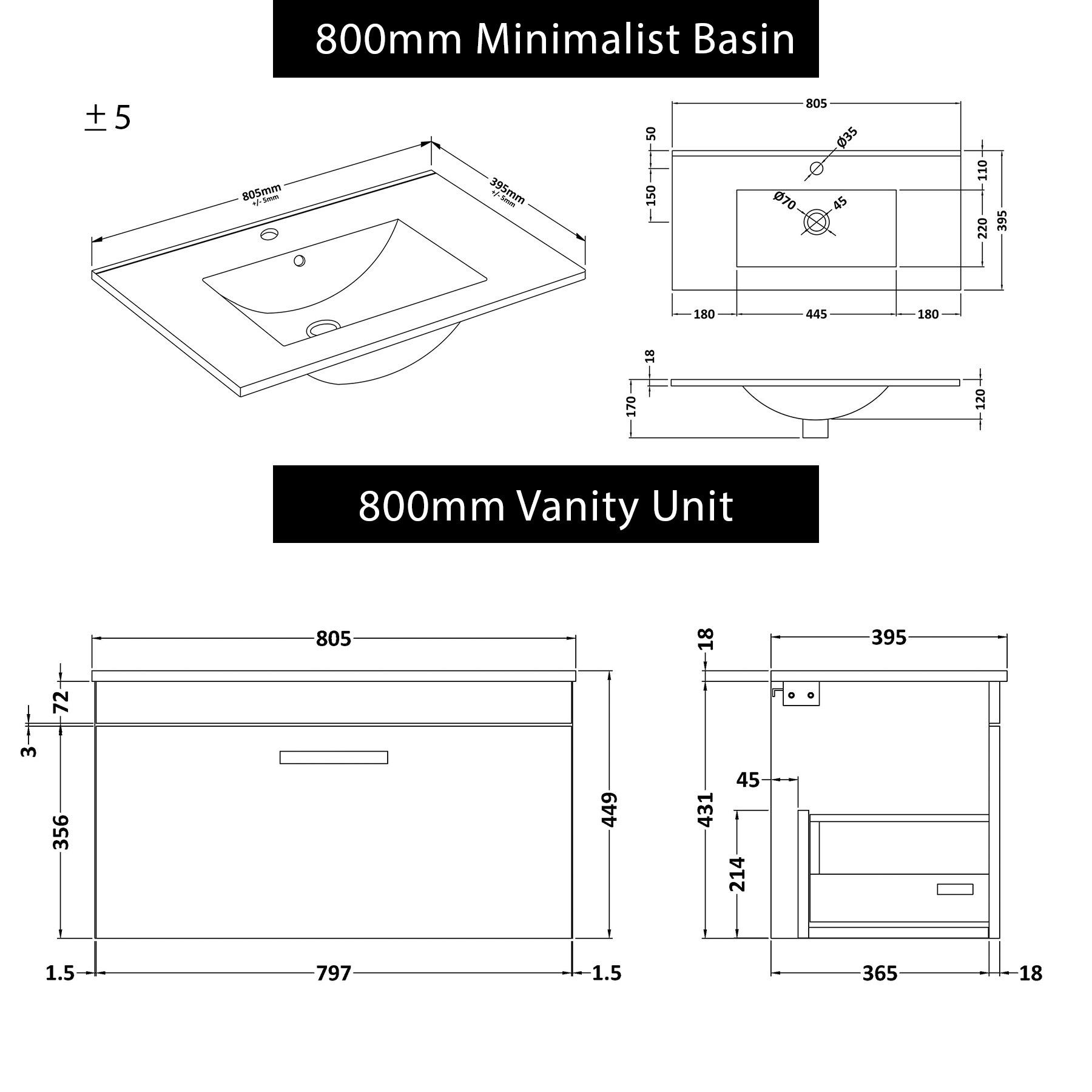 Turin 800mm Wall Hung Vanity Sink Unit 1 Drawer Indigo Grey Gloss - Minimalist Basin with Brushed Brass Handle